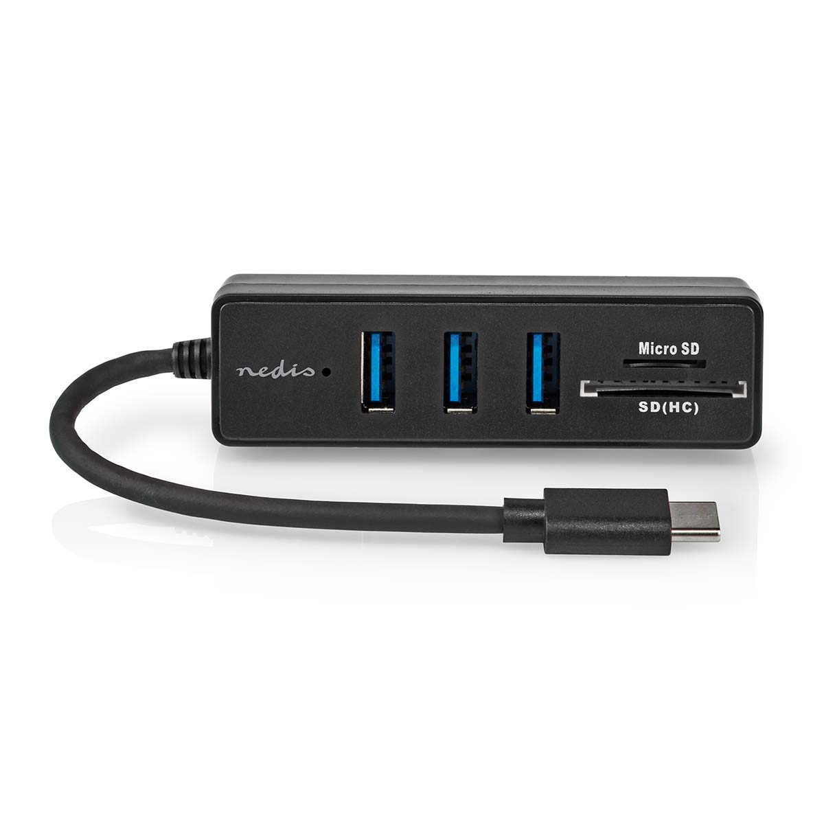Ein schwarzer USB-Hub mit drei USB-Anschlüssen, Micro-SD- und SD-Kartensteckplätzen auf weißem Hintergrund.