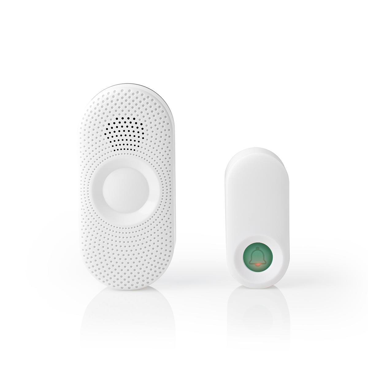 Componentes de timbre blancos, uno con agujeros y otro con un botón verde.