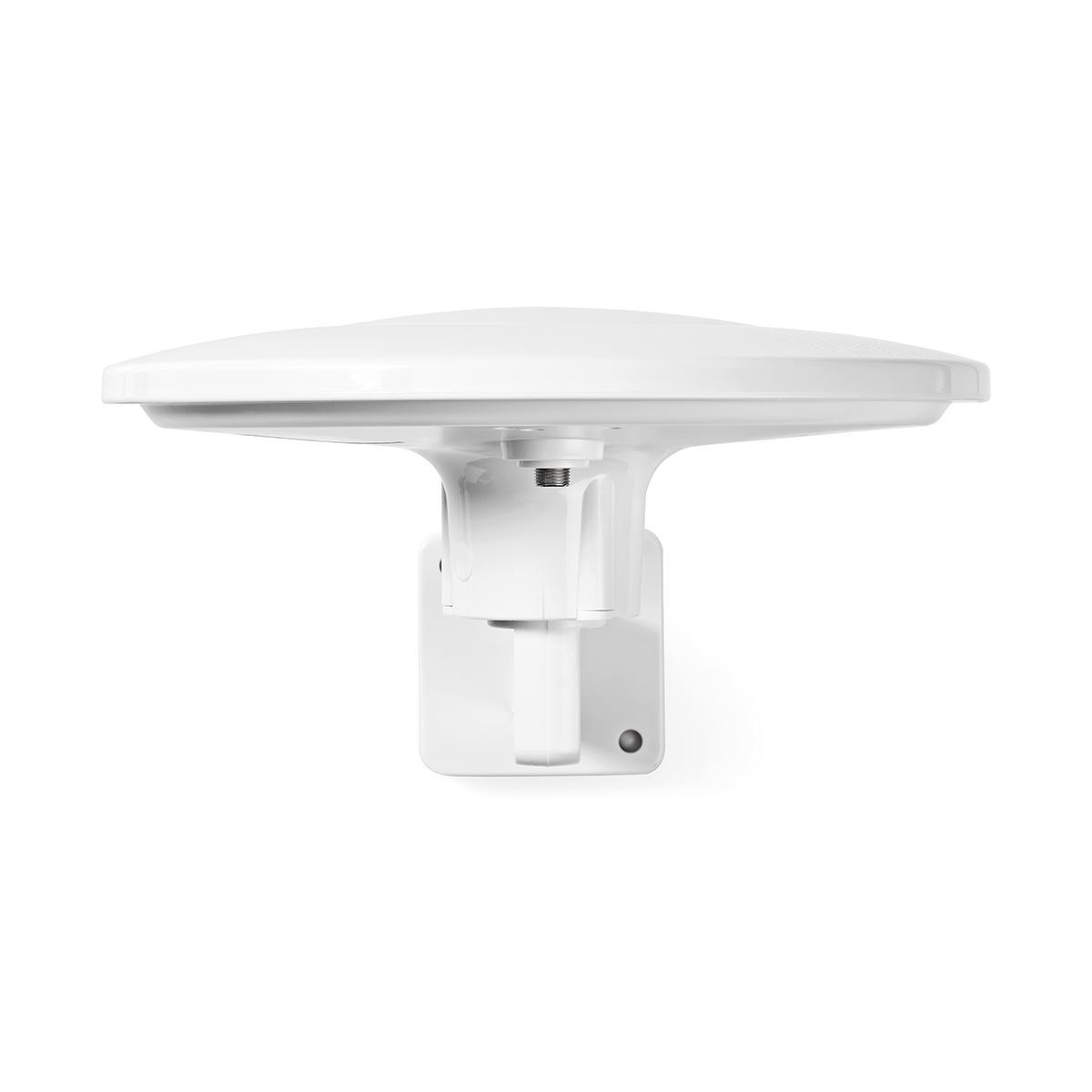Antenne blanche pour usage extérieur. Montée sur une base blanche. L'antenne est sur fond blanc.