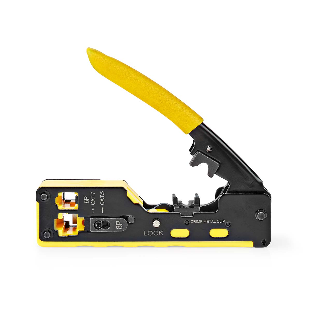 Yellow and black crimping tool. White background.