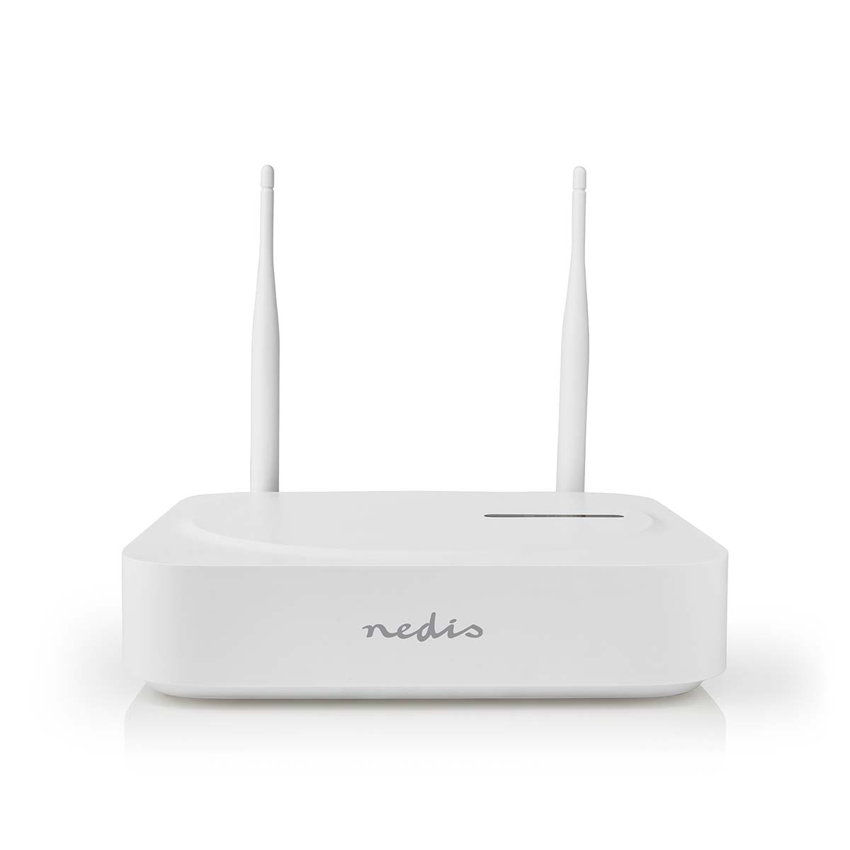 Biały router z dwiema antenami i logo 'nedis'.