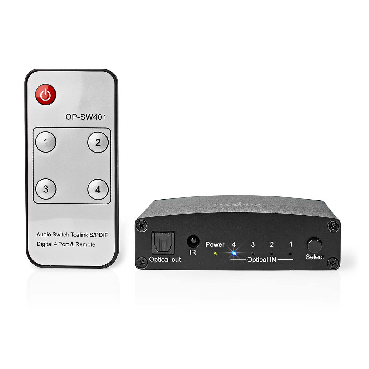 Fernbedienung und Audioschalter mit Tasten 1-4, sowie ein kleines Gerät mit optischem Ein-/Ausgang und Power-Taste.