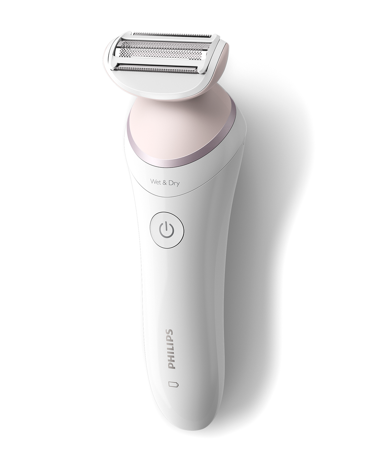 Afeitadora eléctrica Philips blanca. Tiene una sección superior rosa y un cabezal plateado.