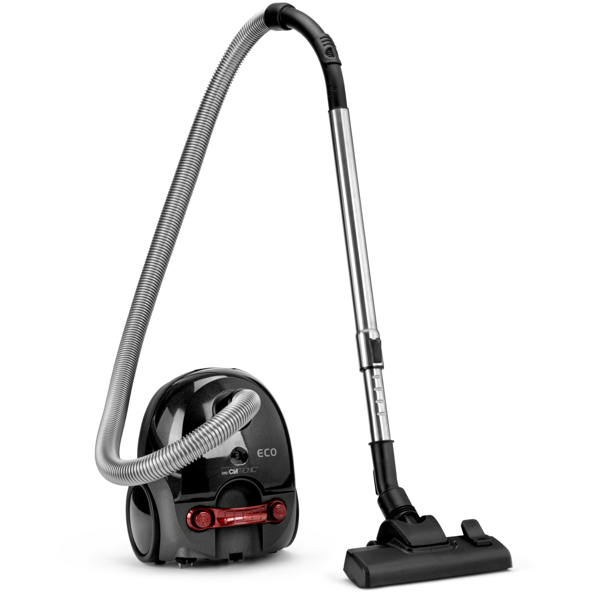 Czarny odkurzacz ze srebrnym wężem i przedłużeniem na białym tle.