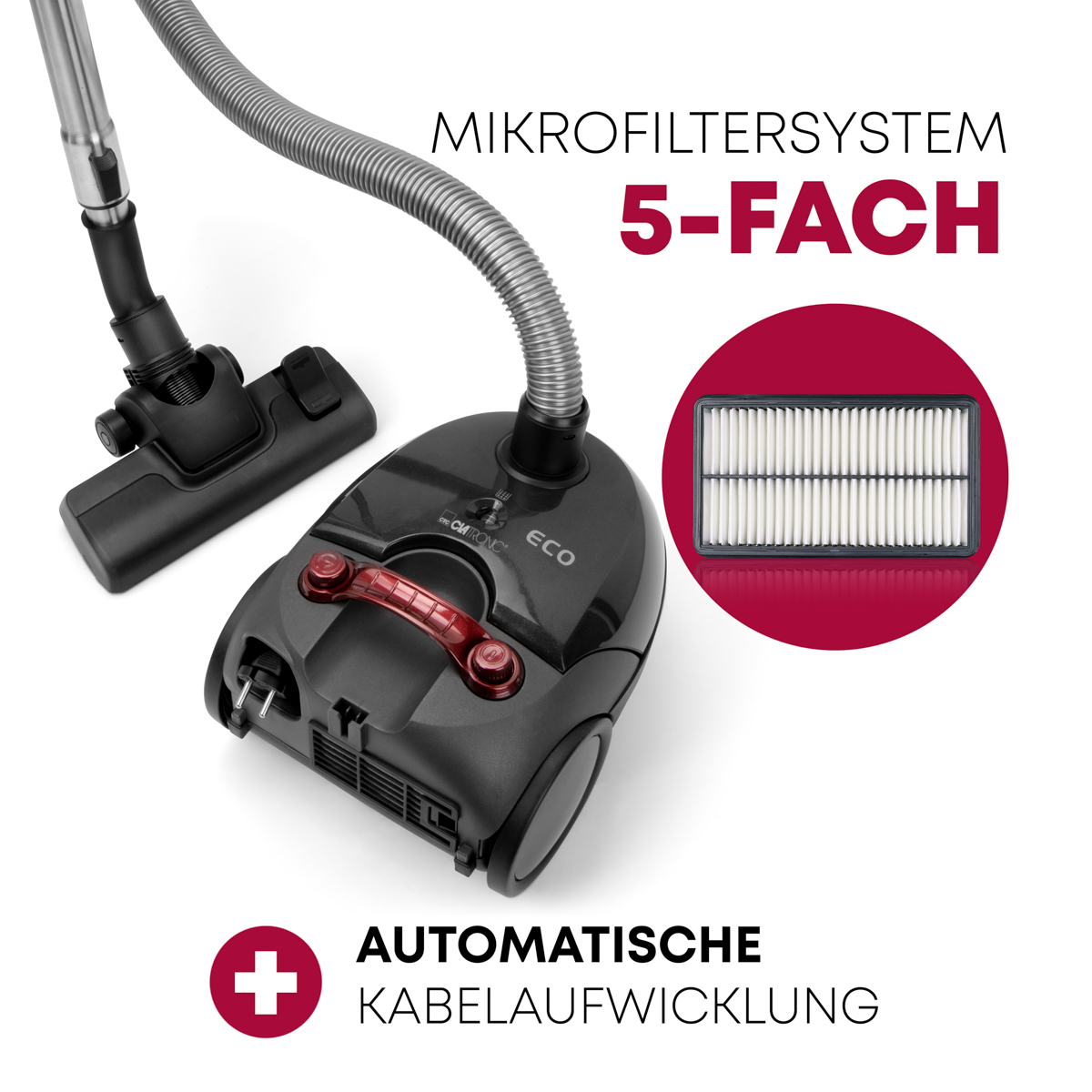 Odkurzacz ze schematem filtra. Czerwone akcenty, tekst po niemiecku, białe tło.