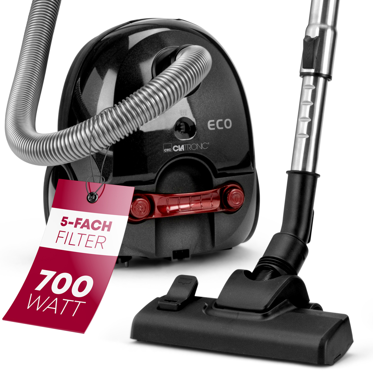 Czarny odkurzacz z czerwoną etykietą z napisem '5-FACH FILTER' i '700 WATT'.