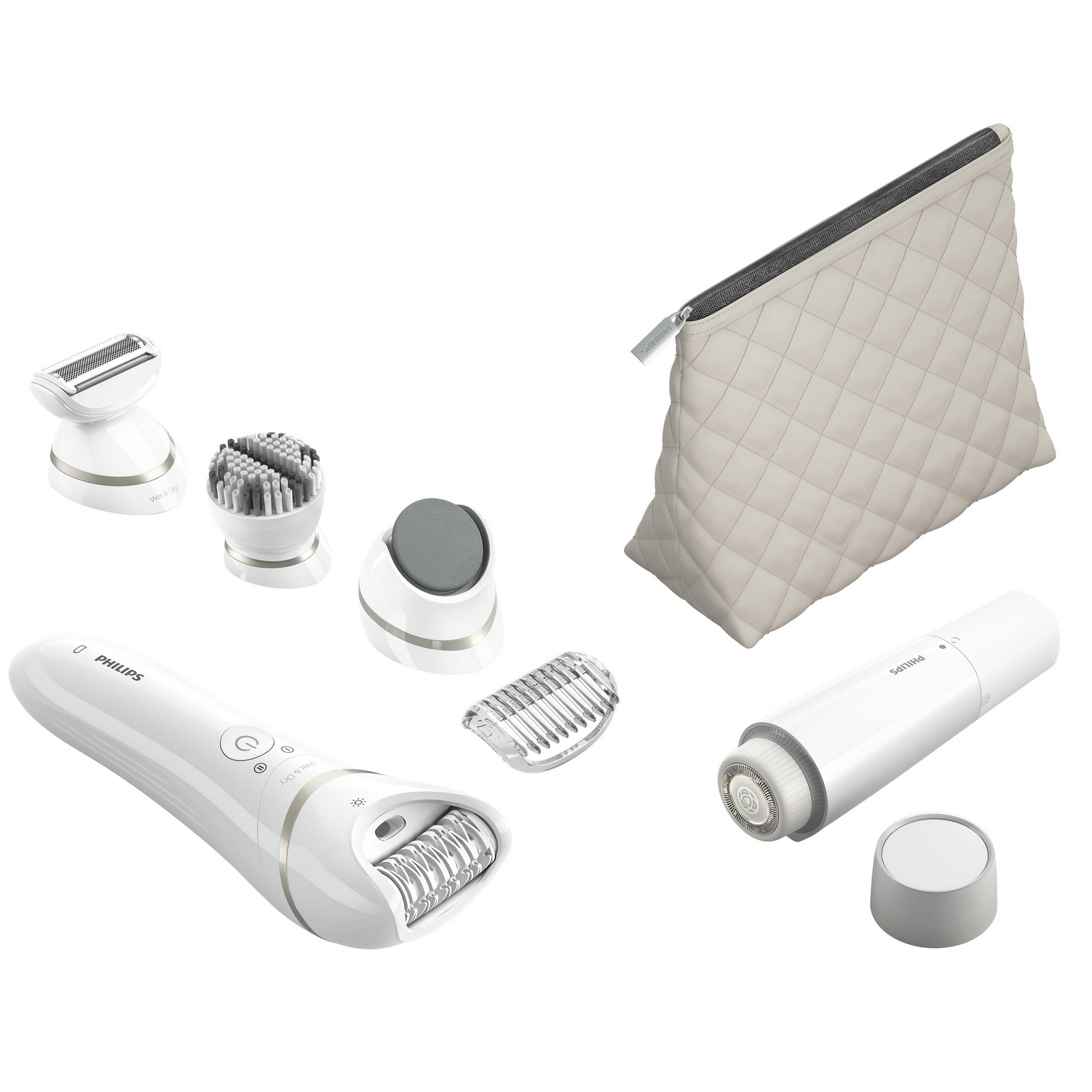 Biały depilator z różnymi nakładkami i kosmetyczką, na białej powierzchni.
