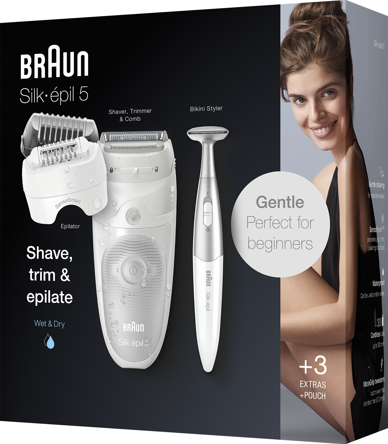 Ein weißes und silbernes Epiliererset mit einem Bikinitrimmer und Zubehör, eine Frau lächelt auf einer Box.