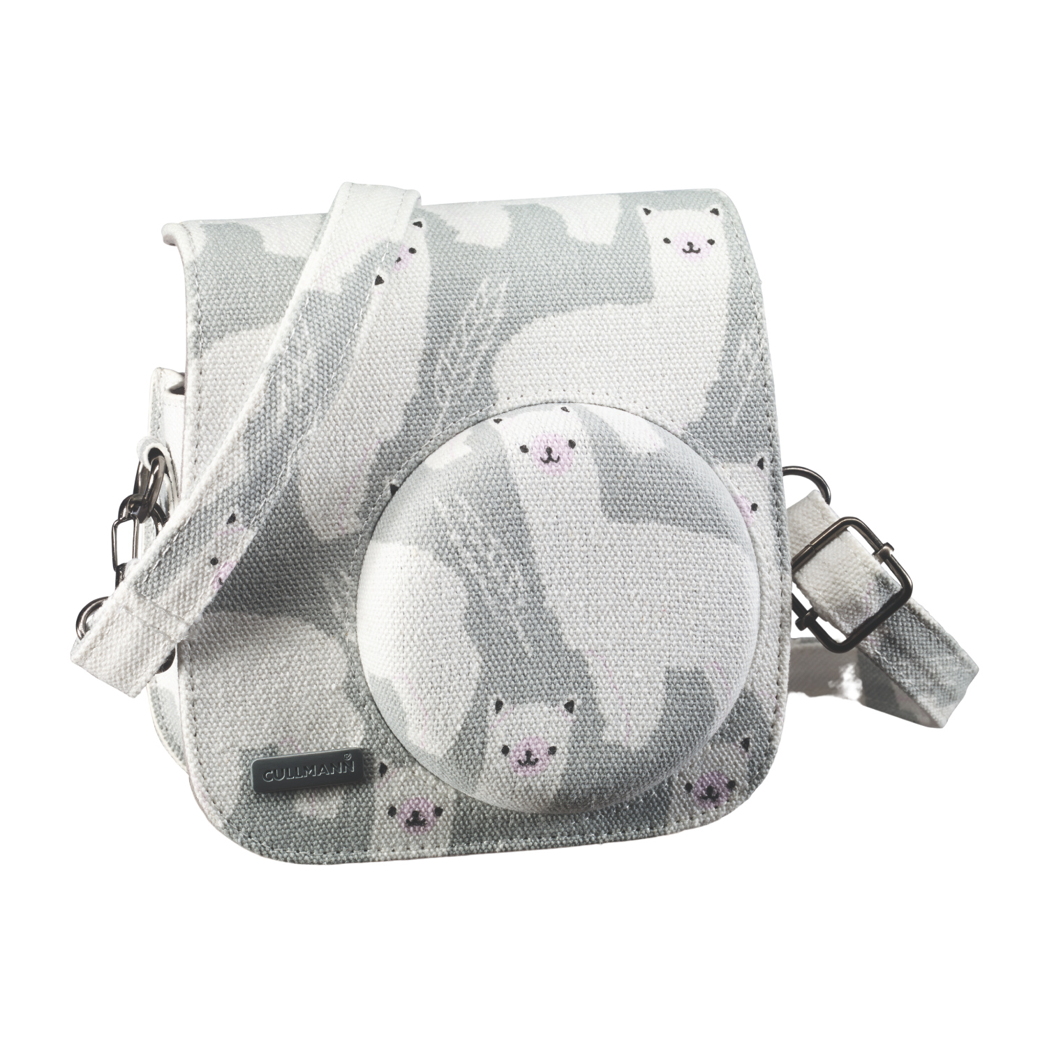 Camera bag with an alpaca pattern, with a circular lens cover and a shoulder strap.