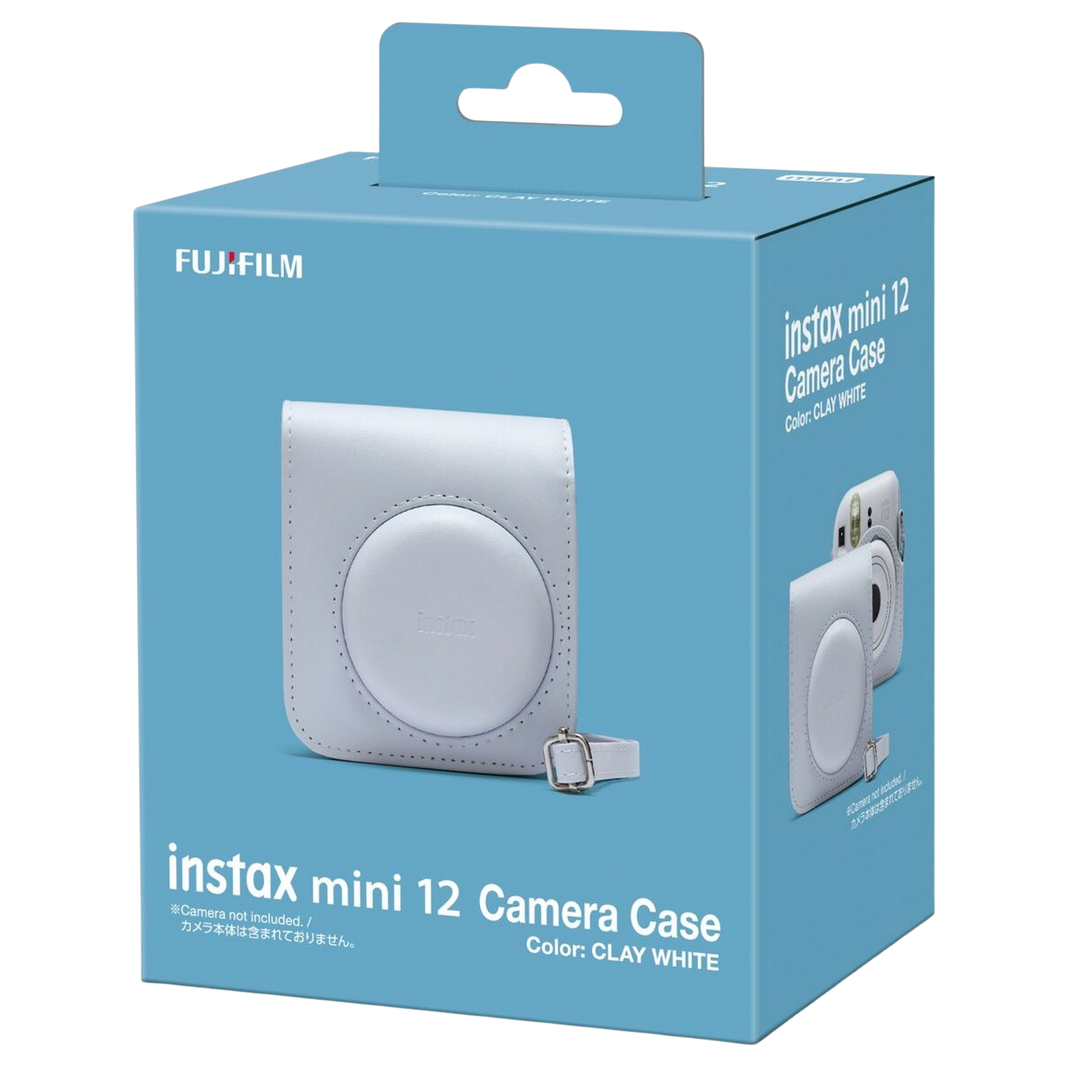 Box für Instax mini 12 Kamera. Weißes Kameragehäuse in der Box. Blaue Box mit weißem Text.