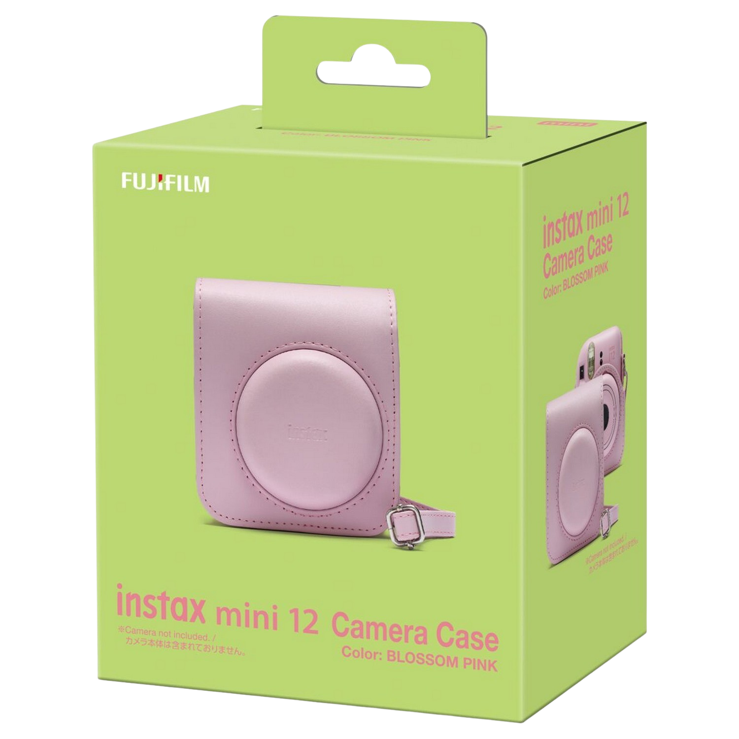 Zielone pudełko z różowym etui na aparat w środku, ze zdjęciem etui na pudełku.