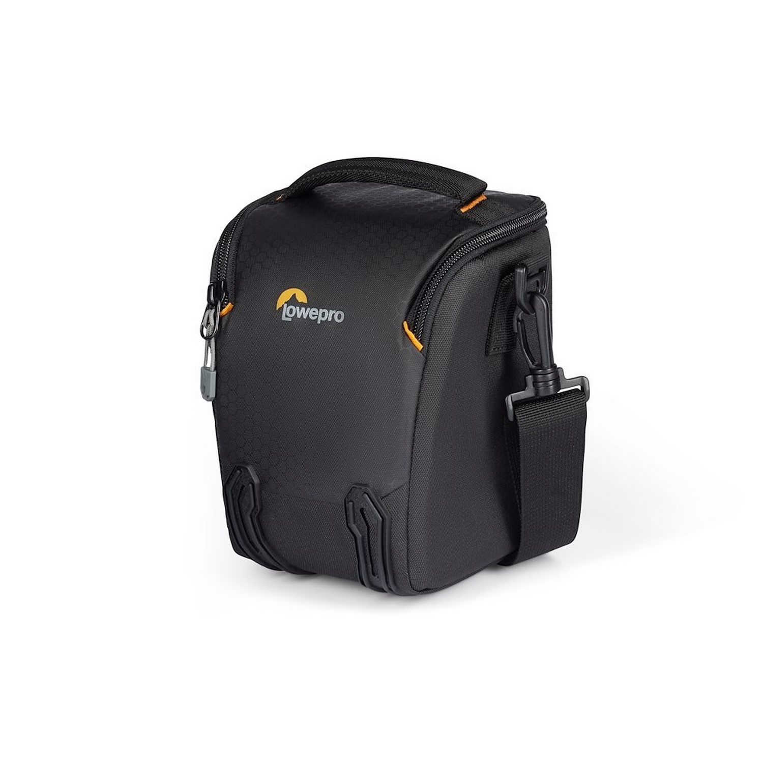 Black Lowepro camera bag with orange accents, handle, shoulder strap, and the Lowepro logo.