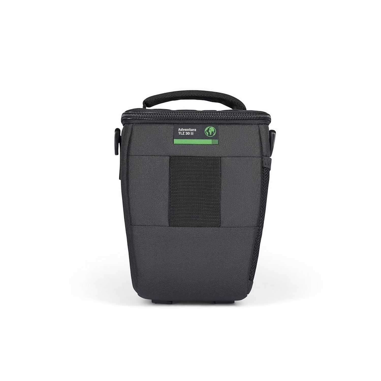 A black camera bag. It has a top handle, a shoulder strap, and the word 'Adventura' on it.