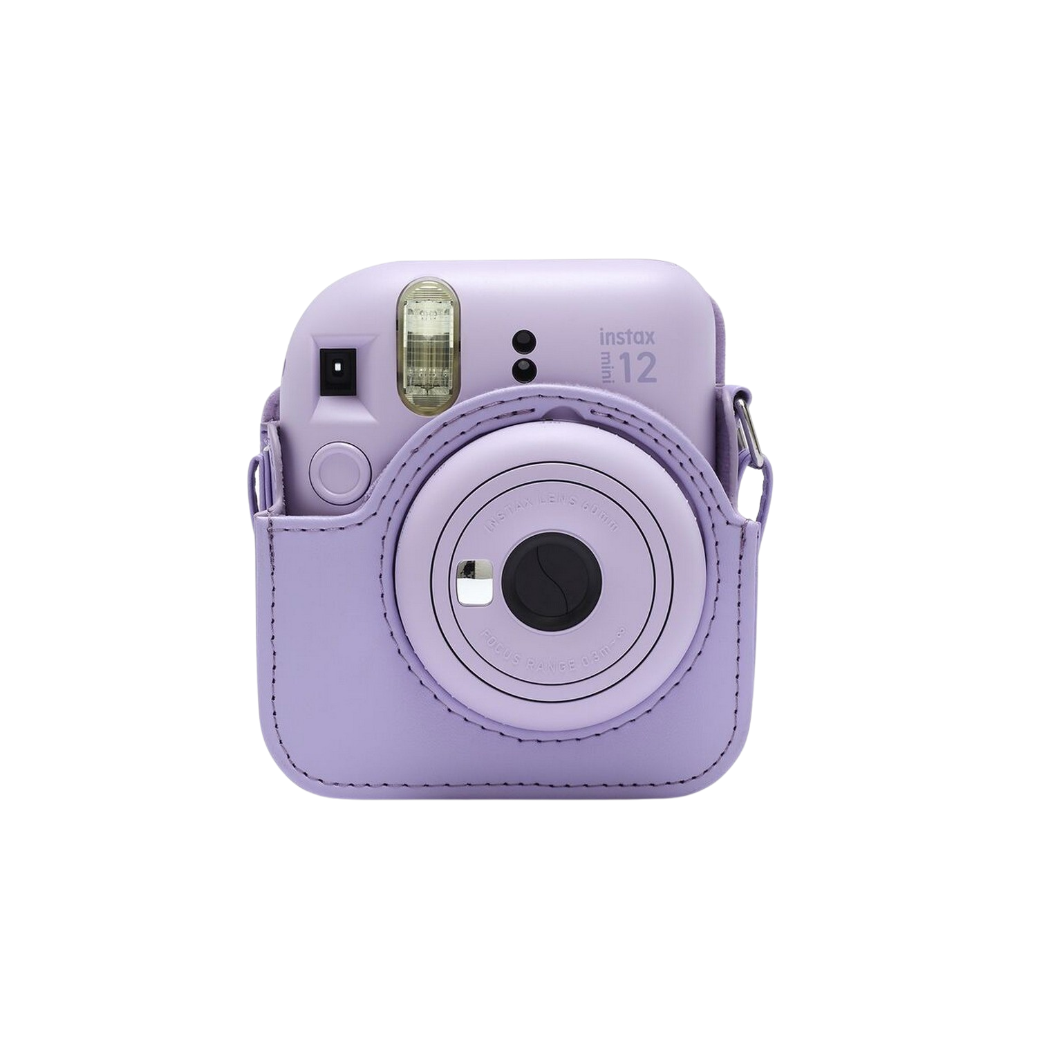 Cámara Instax Mini 12 morada en una funda a juego, sobre un fondo negro.