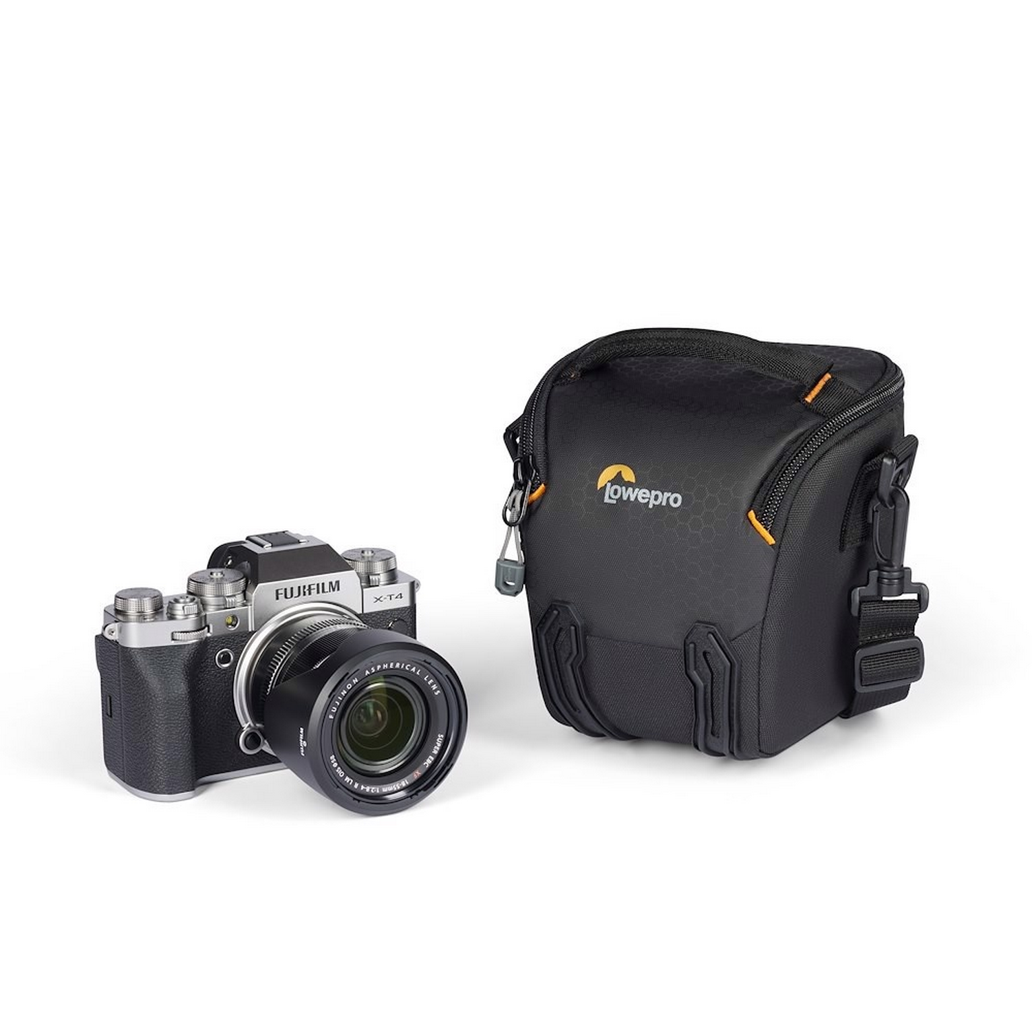 A black camera with a lens and a black camera bag with orange accents.