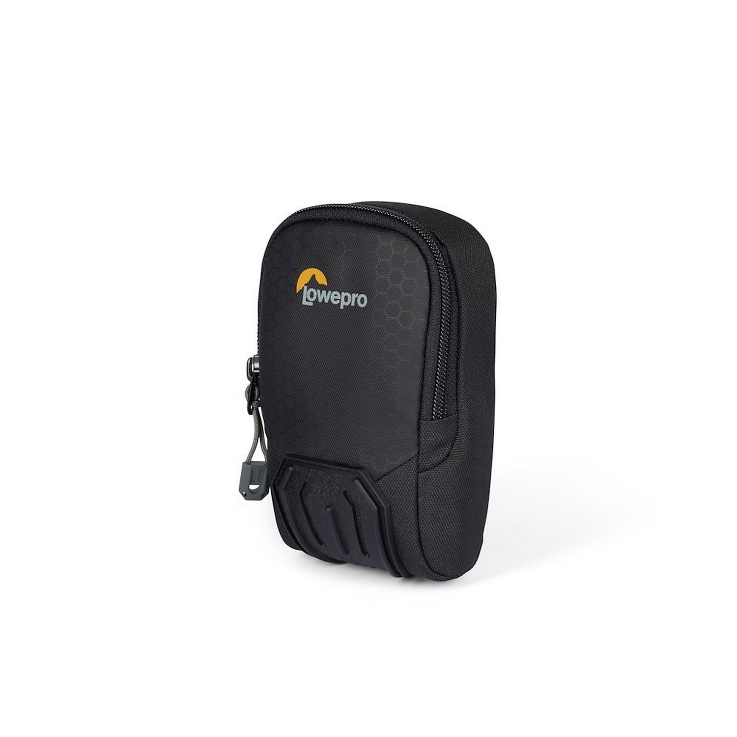 Schwarze Lowepro Kameratasche mit Reißverschluss und Logo, auf weißem Grund.