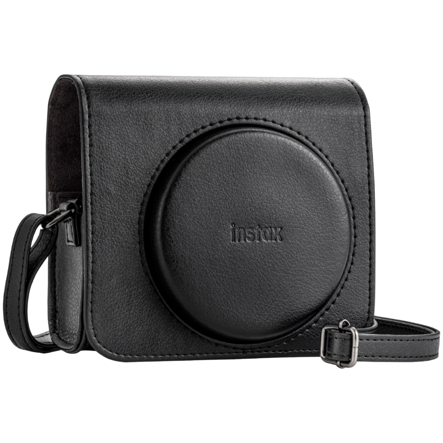 Zwarte Instax camerahoes met een ronde opening voor de lens en een riem op een zwarte achtergrond.