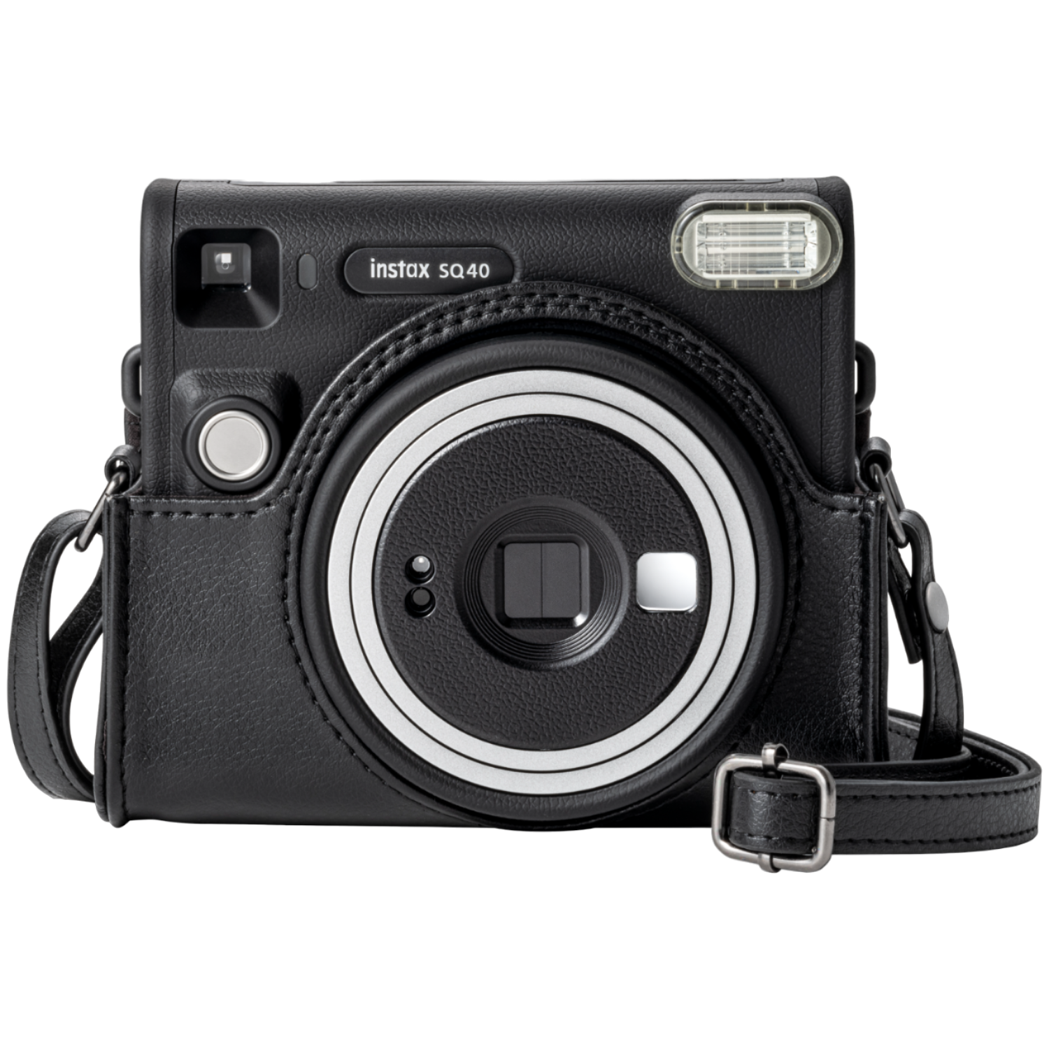 Zwarte camera in een leren etui met een zilveren gesp en een riem.