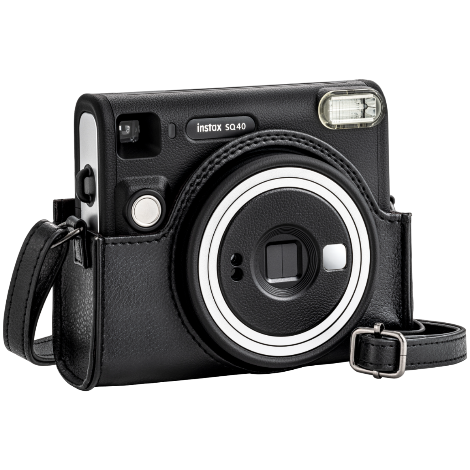 Een zwarte Instax sq40 camera in een zwarte leren hoes met een riem.