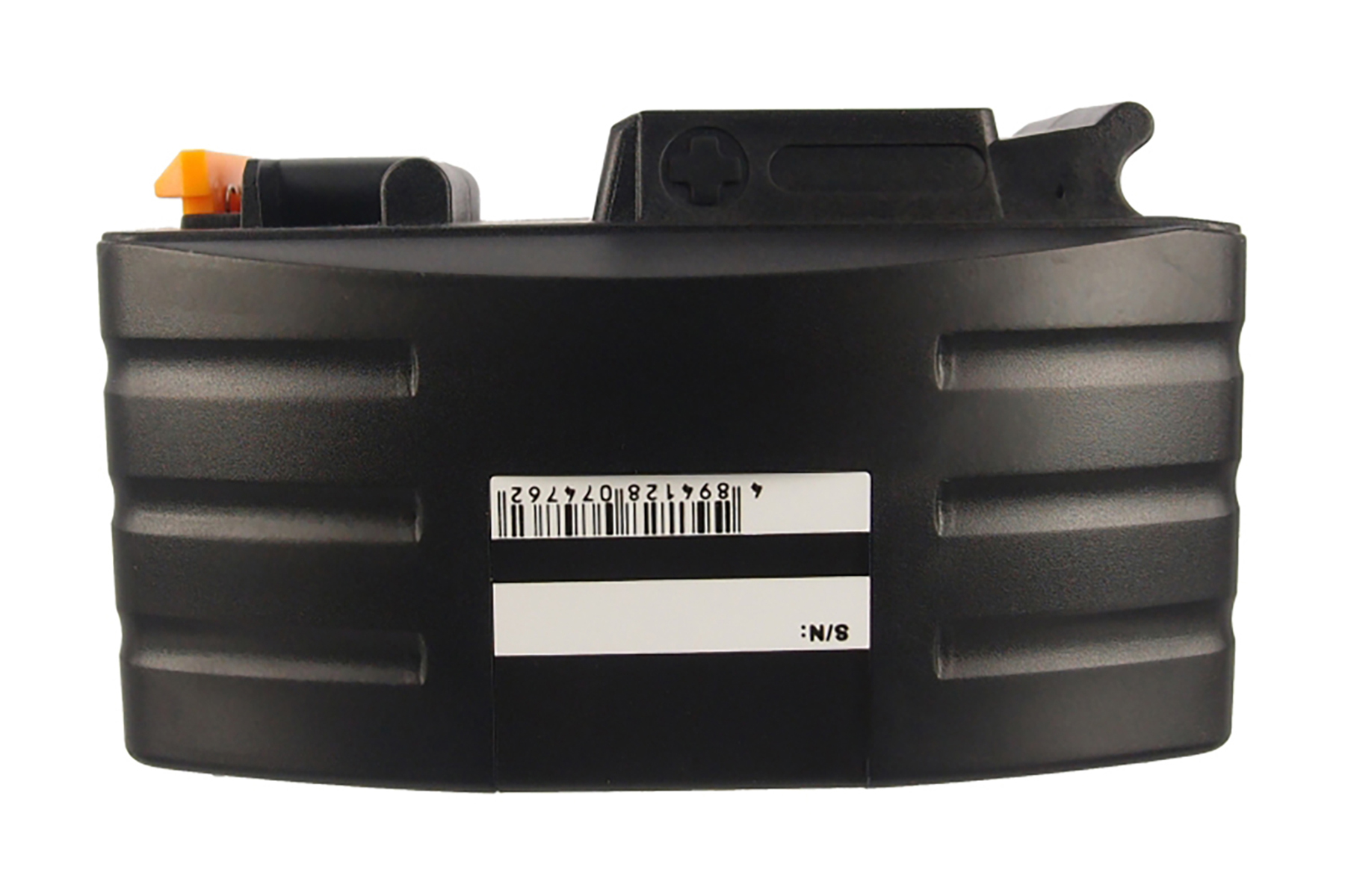 Schwarzer Akku mit weißem Etikett und Barcode. Oranger Tab, schwarzer Hintergrund.