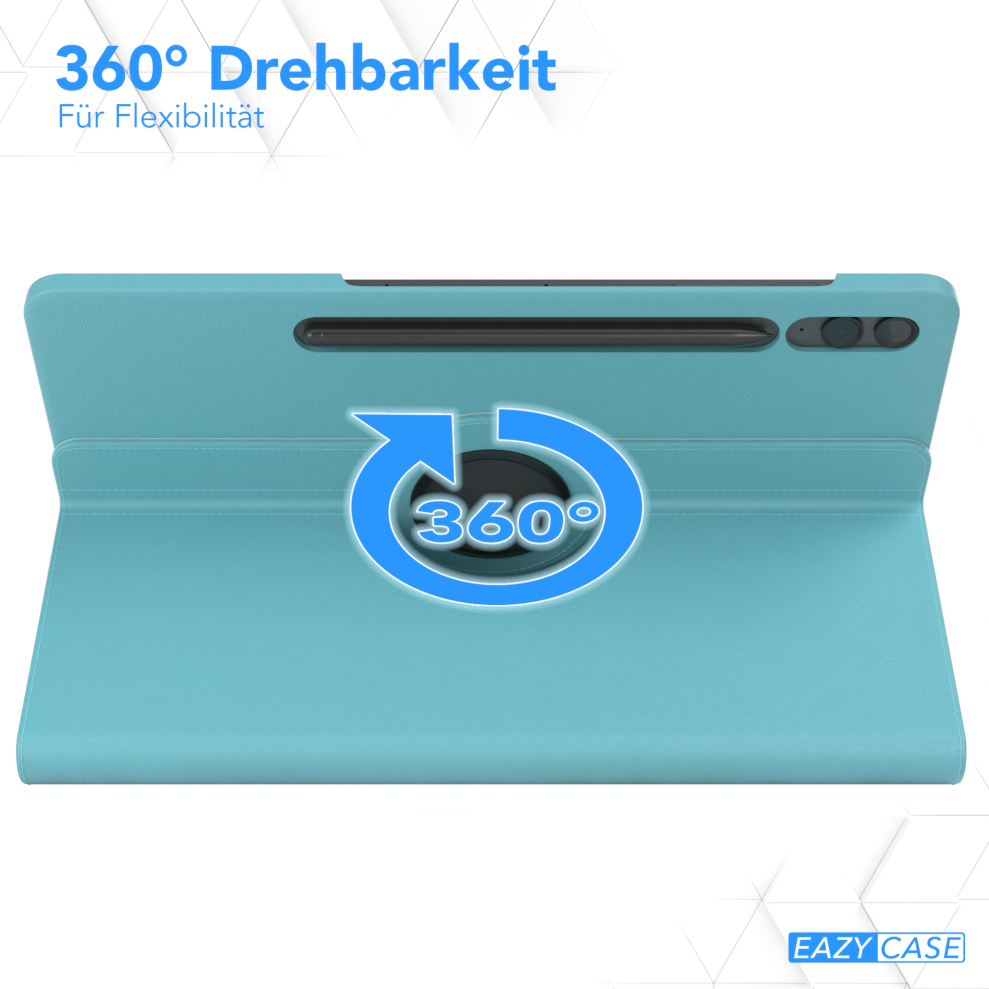Türkisfarbene Tablet-Hülle mit 360°-Rotationsgrafik und dem Logo 'EAZY CASE'.