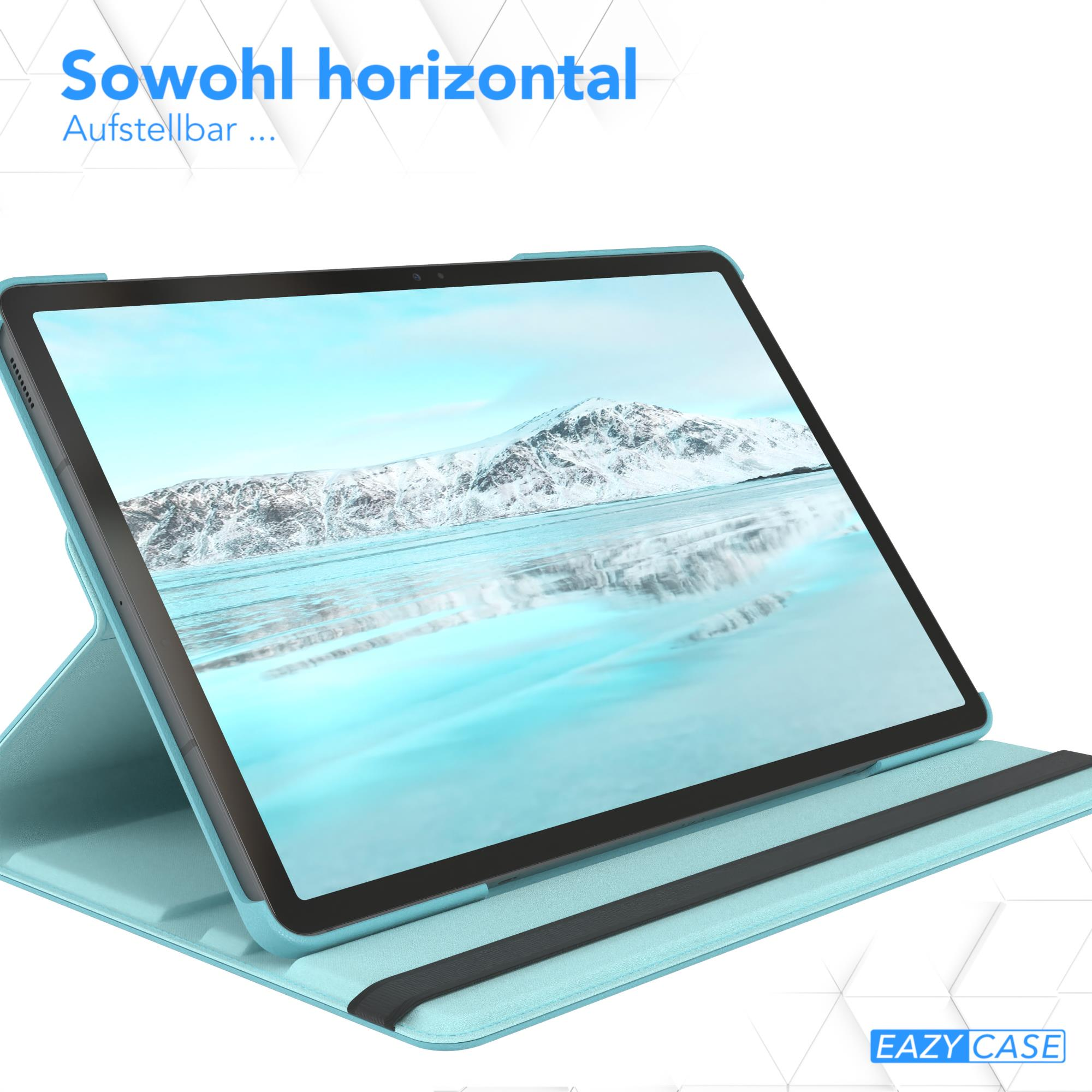 Blaue Tablethülle mit Tablet, das eine verschneite Berglandschaft zeigt, und ein schwarzes Band.