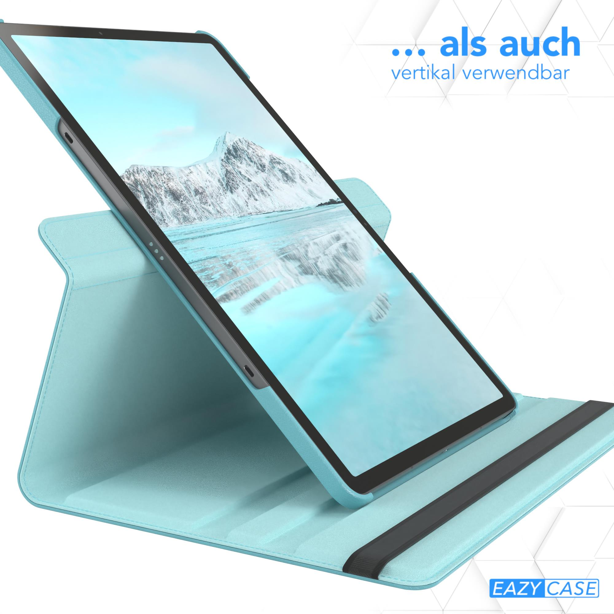 Tablet in blauem Gehäuse, aufgestellt. Weißer Hintergrund.