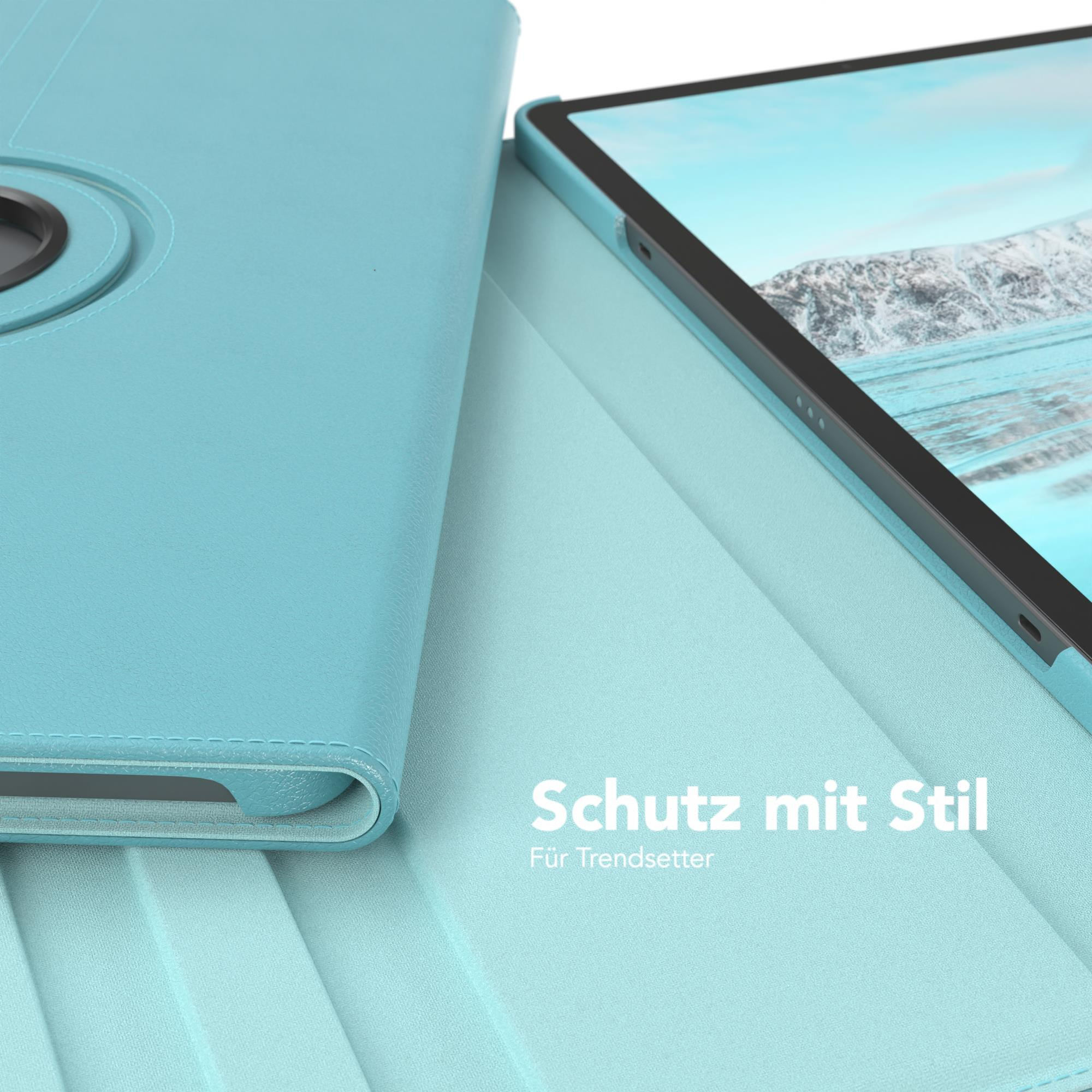 Eine türkisfarbene Tablethülle mit Tablet. Text: Schutz mit Stil, Für Trendsetter.