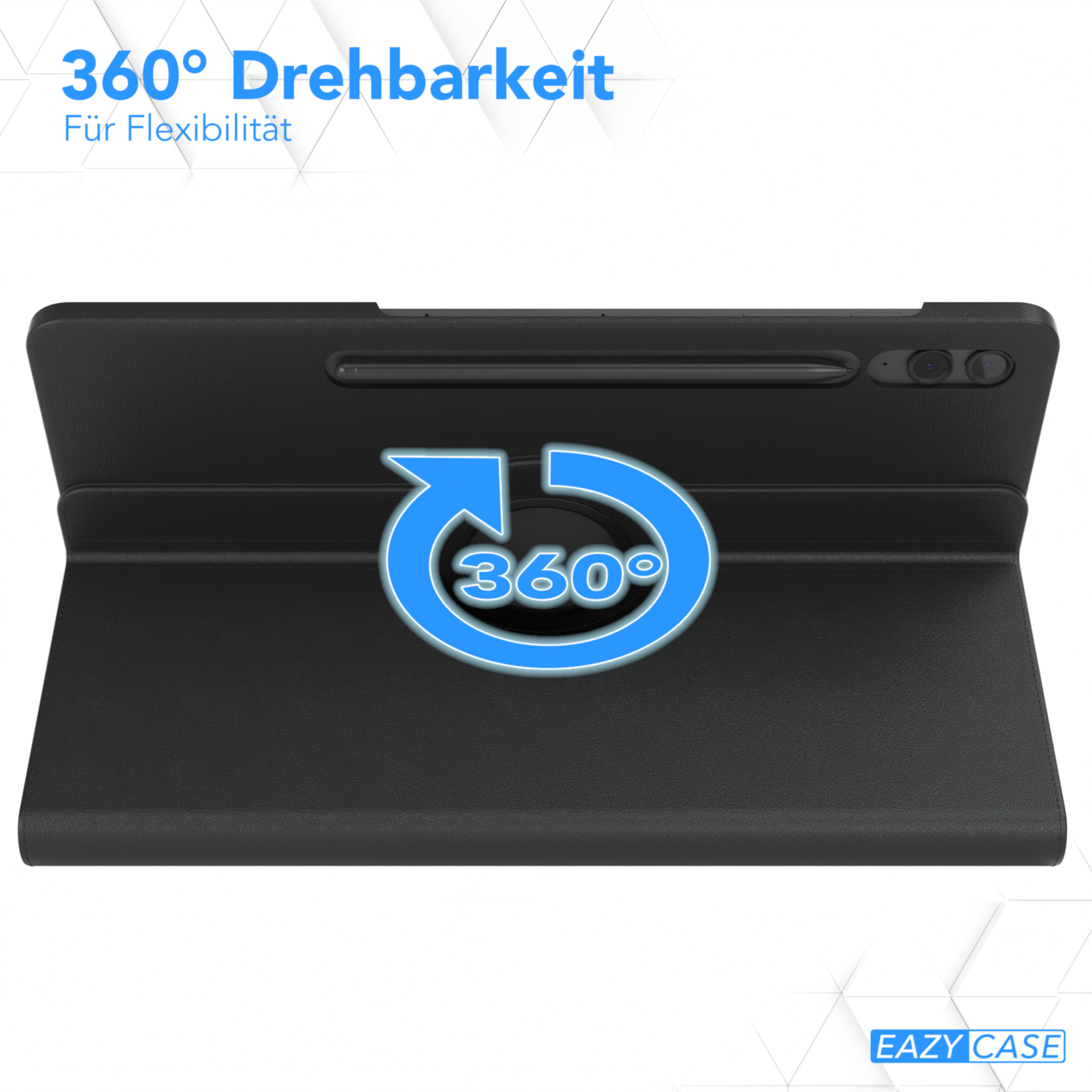 Schwarze Tablethülle mit einem 360-Grad-Rotationssymbol. Zeigt das Tablet in offener Position.