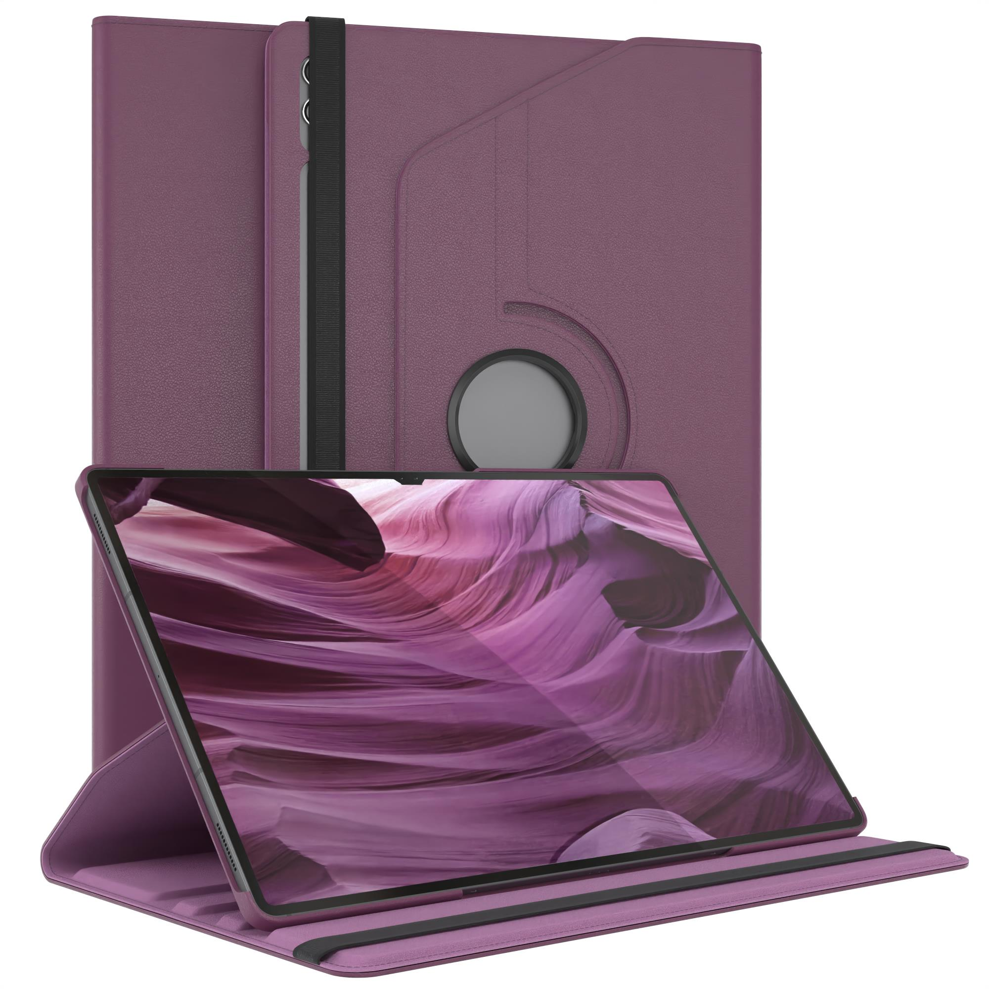 Lila Tablet mit Hülle, offen dargestellt. Die Hülle ist auch lila. Weißer Hintergrund.