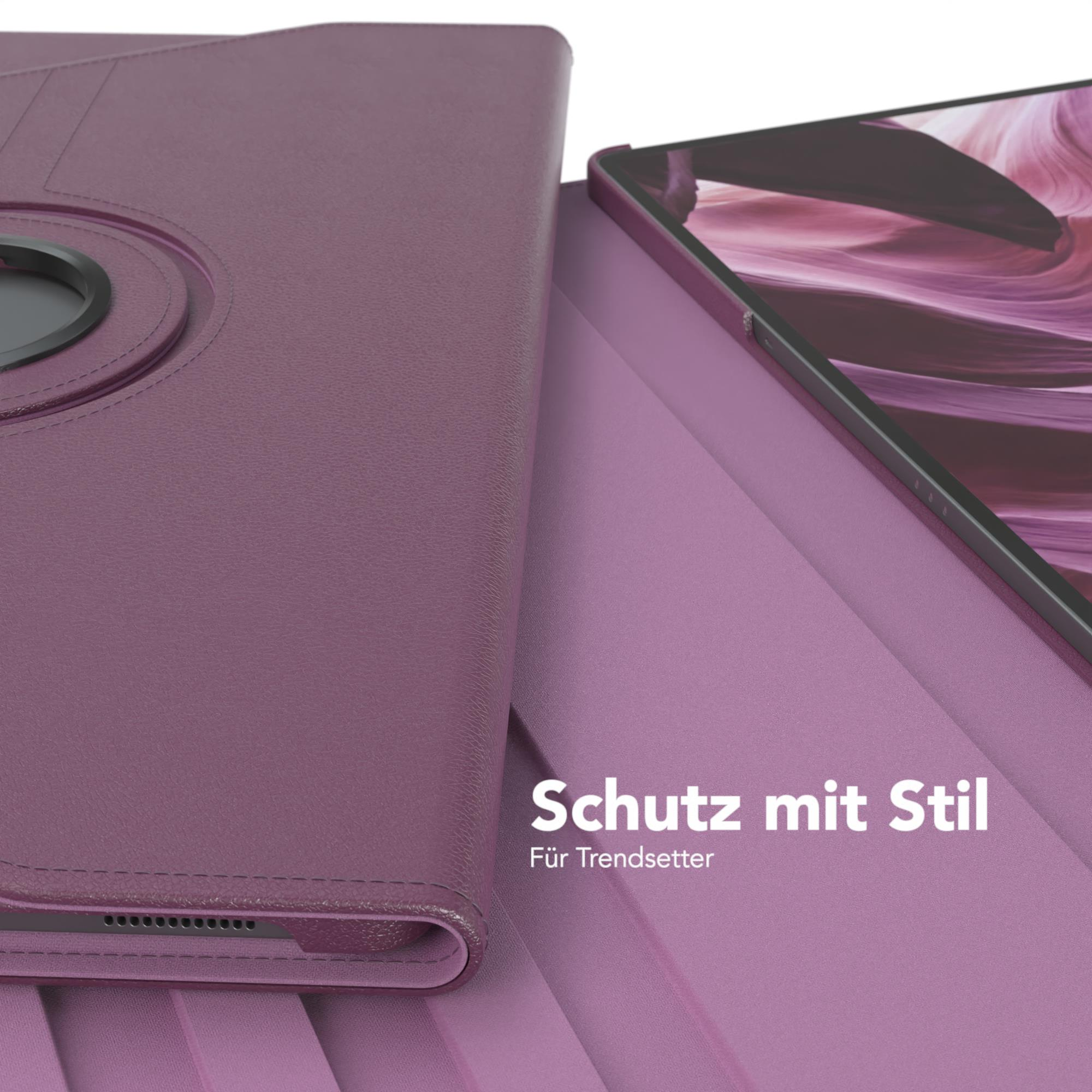 Lila Tablet-Hülle offen, zeigt ein Tablet. Die Hülle liegt auf einer lila Oberfläche.