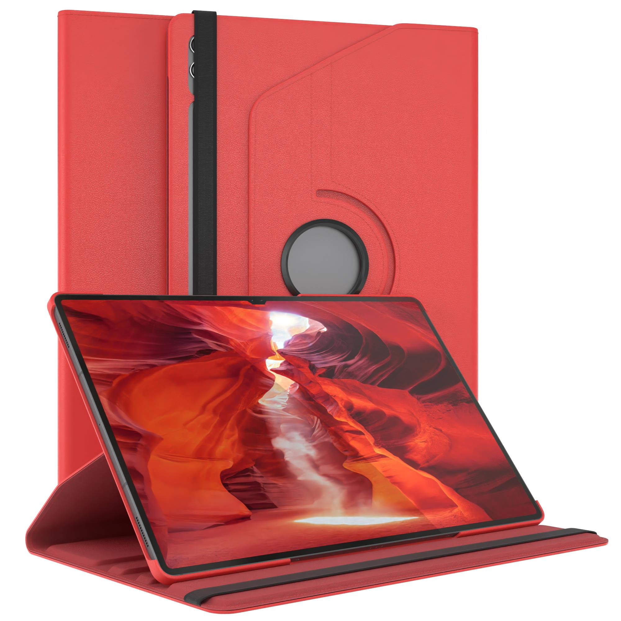 Rote Tablet-Hülle mit einem Tablet darin. Das Tablet ist im Querformat und zeigt eine Canyon-Szene.
