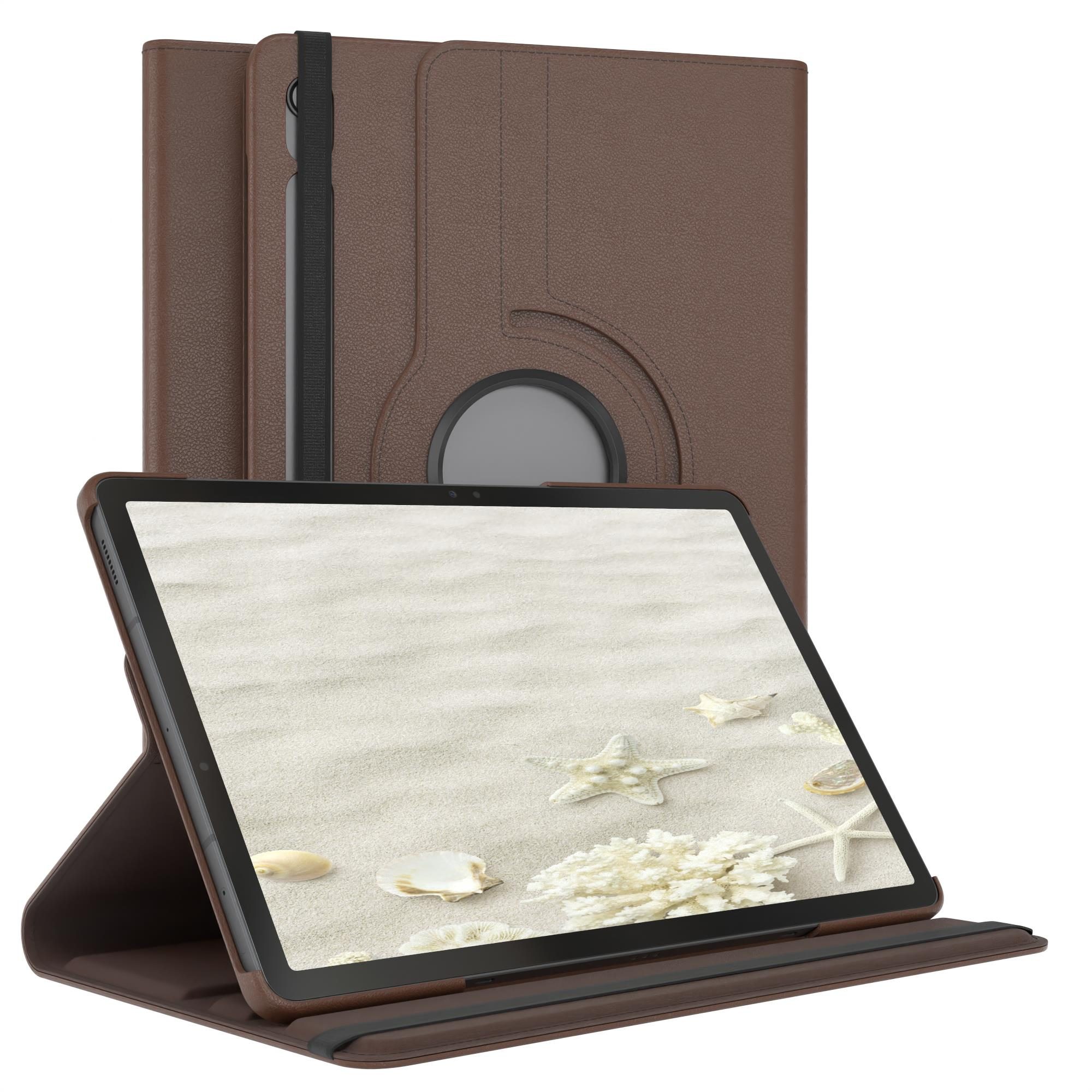 Braune Tablethülle mit Bildschirm. Der Bildschirm zeigt eine Strandszene mit Seesternen. Die Hülle ist offen.