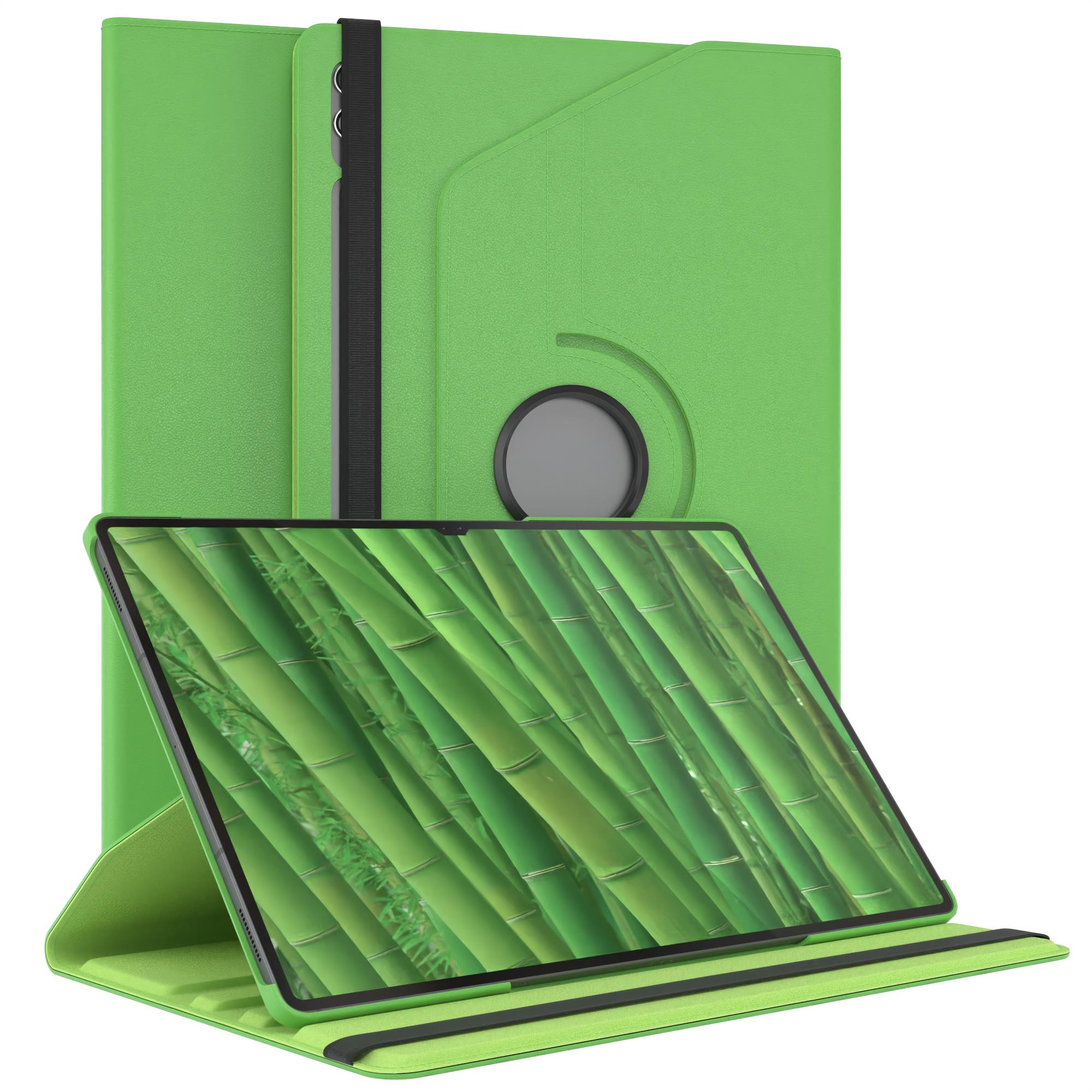 Grüne Tablethülle mit Tablet darin. Die Hülle hat einen drehbaren Ständer und einen schwarzen Riemen.
