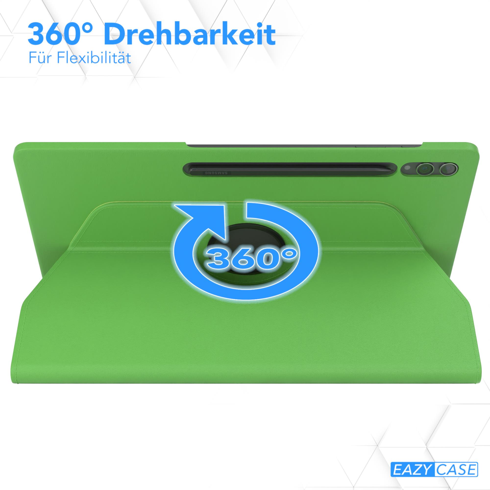 Eine grüne Tablethülle mit Drehfunktion und einem Tablet darin. Der Text lautet 360° Drehbarkeit.