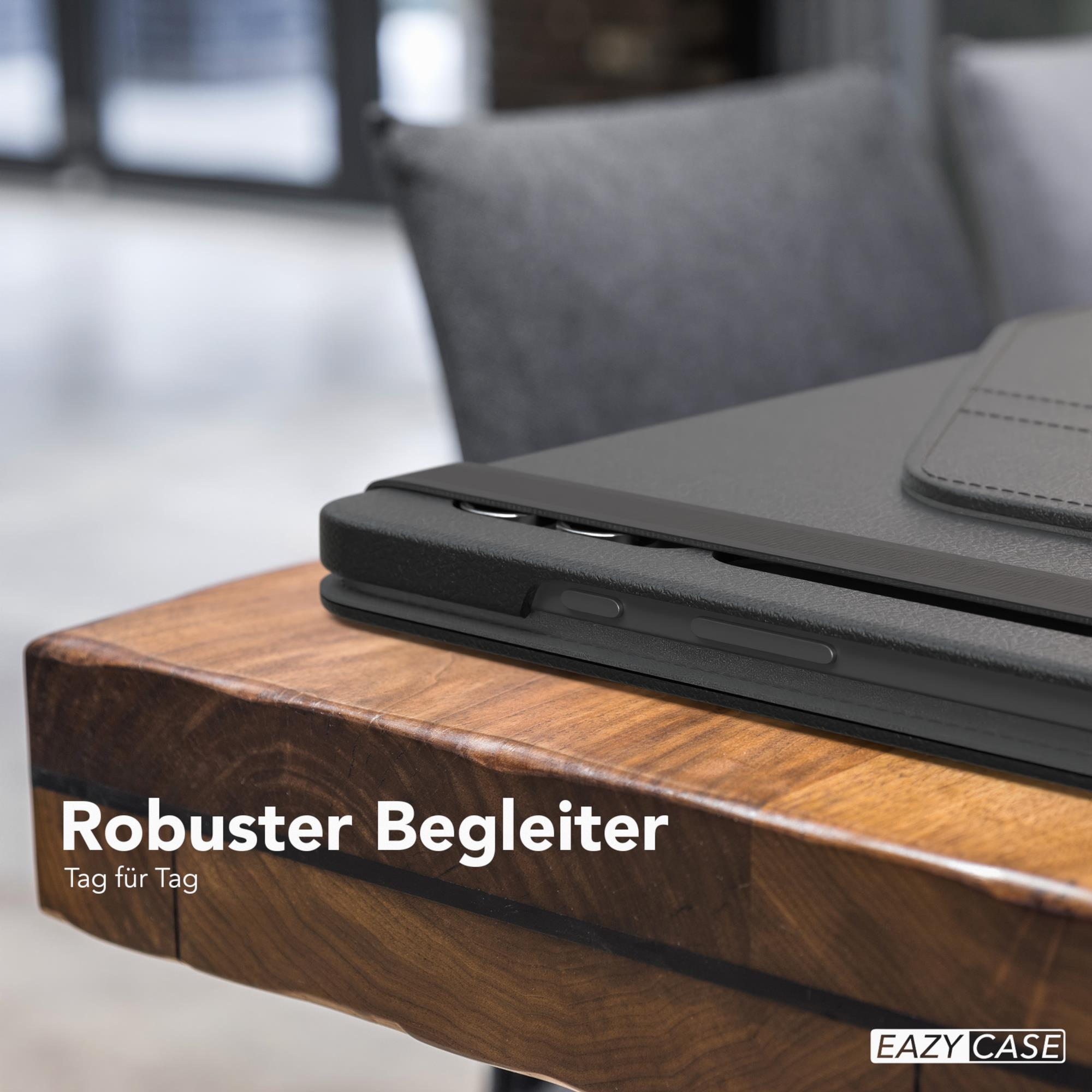 Eine schwarze Tablethülle auf einem Holztisch. Die Hülle ist offen. Der Tablet-Bildschirm ist sichtbar.