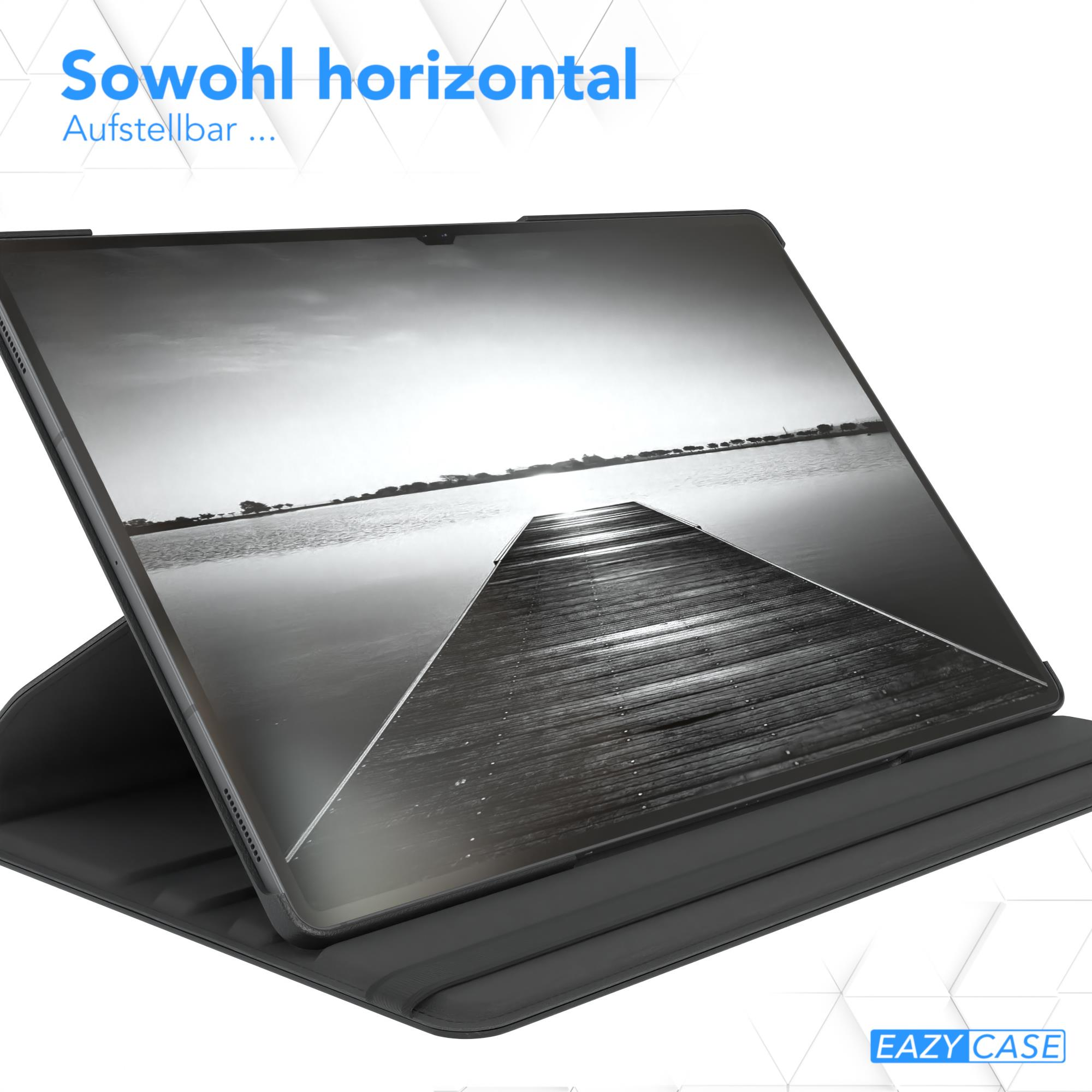 Tablet in einem Folio-Case, geöffnet und angewinkelt. Schwarz-Weiß-Landschaft.