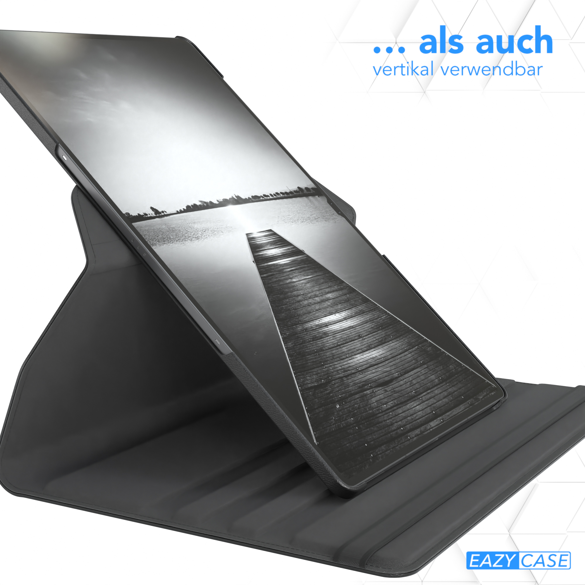 Ein Tablet in einem Ständer. Der Ständer ist schwarz und das Tablet zeigt ein Landschaftsbild.