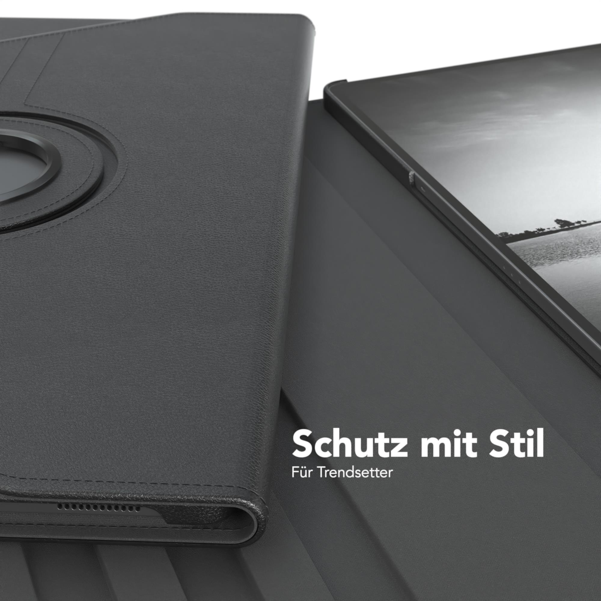 Schwarze Tablet-Hülle mit Tablet, Text 'Schutz mit Stil'.