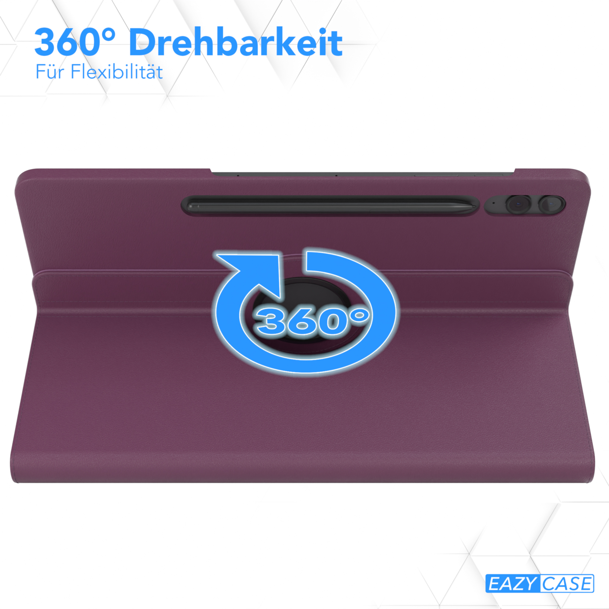 Lila Tablethülle mit drehbarem Design und Stifthalter.
