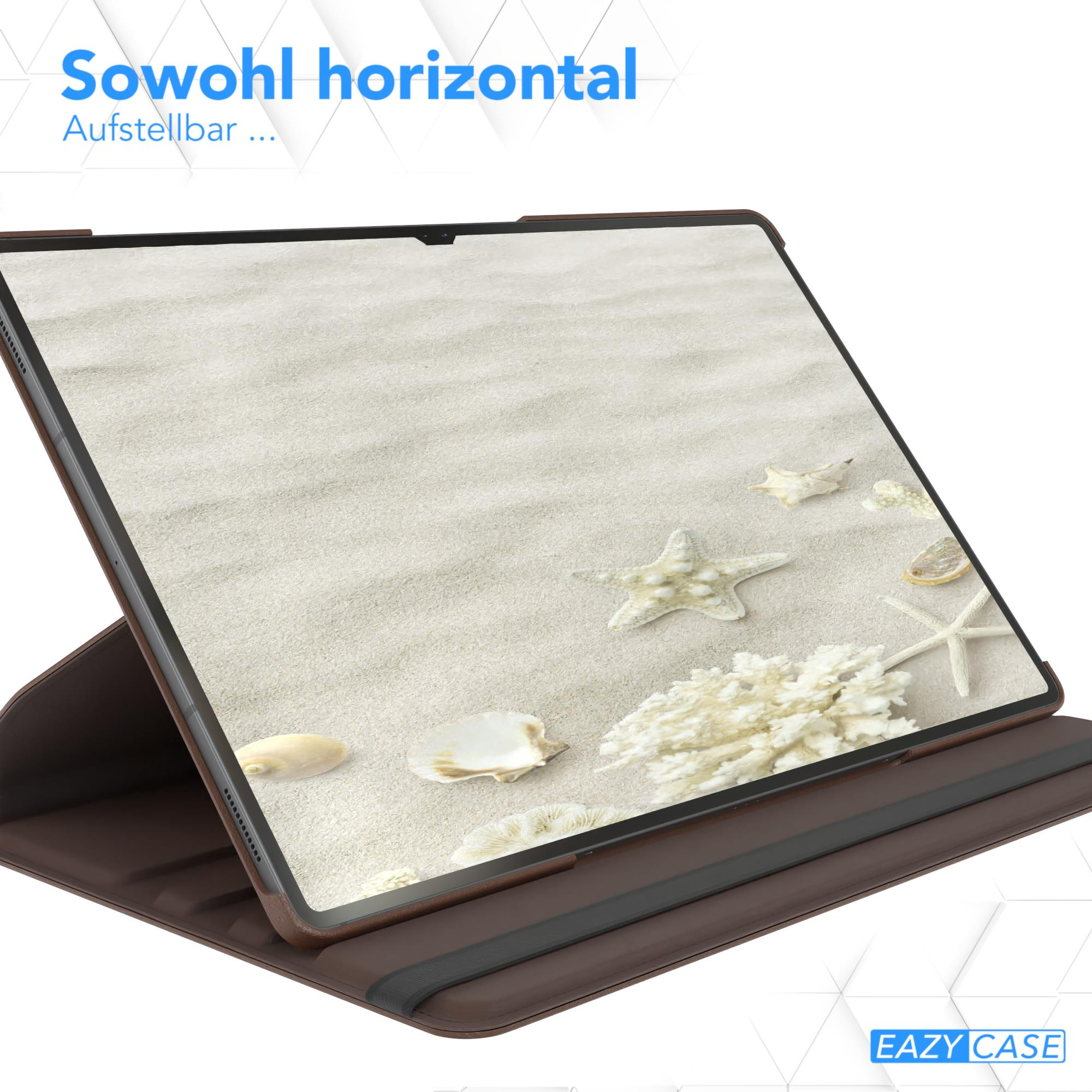 Tablet auf braunem Case. Strandansicht auf dem Bildschirm. Braunes Case mit schwarzem Streifen.
