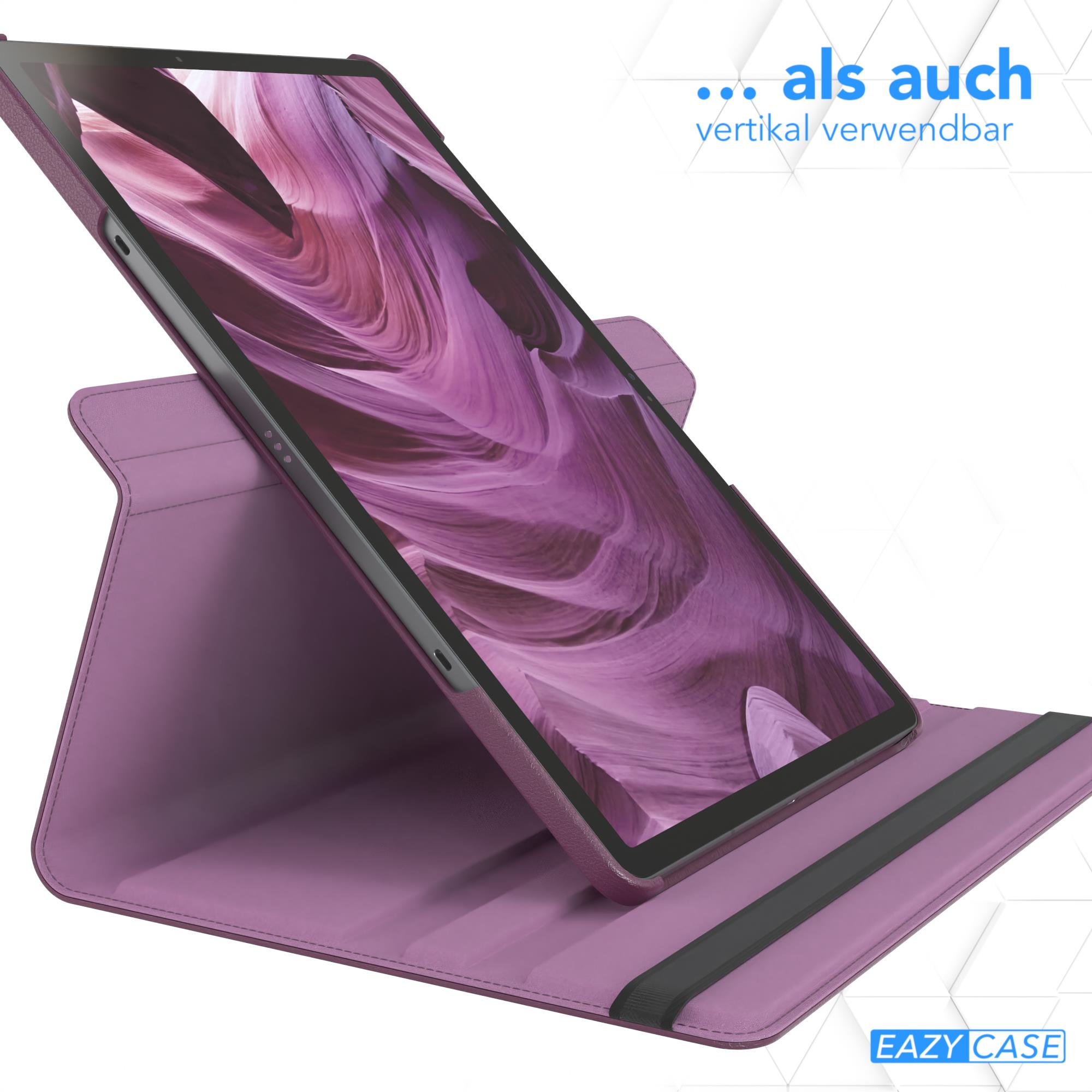 Lila Tablet in Hülle, auf Ständer. Text: "...als auch vertikal verwendbar".