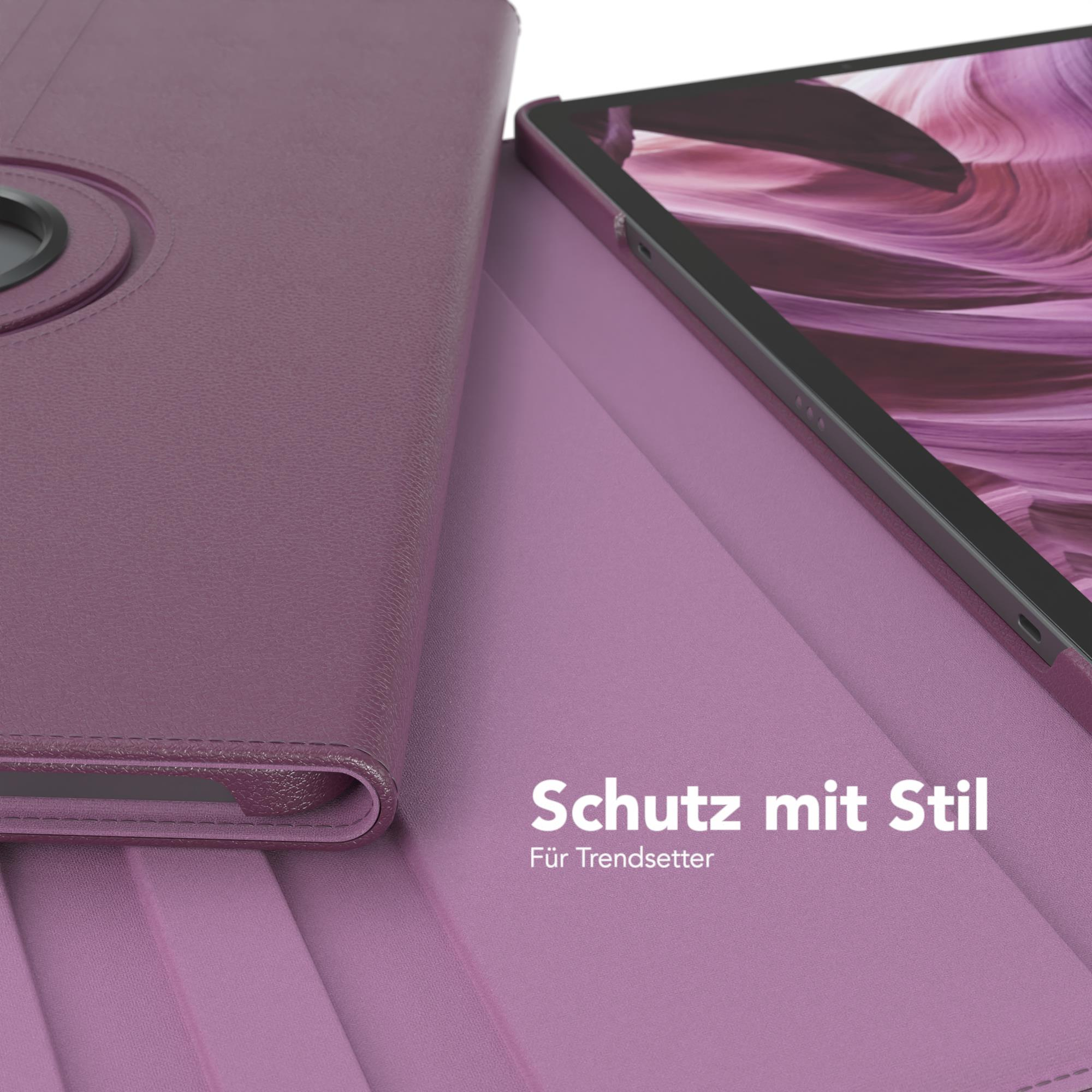 Eine lila Tablet-Hülle, mit geöffneter Abdeckung. Das Tablet befindet sich rechts.