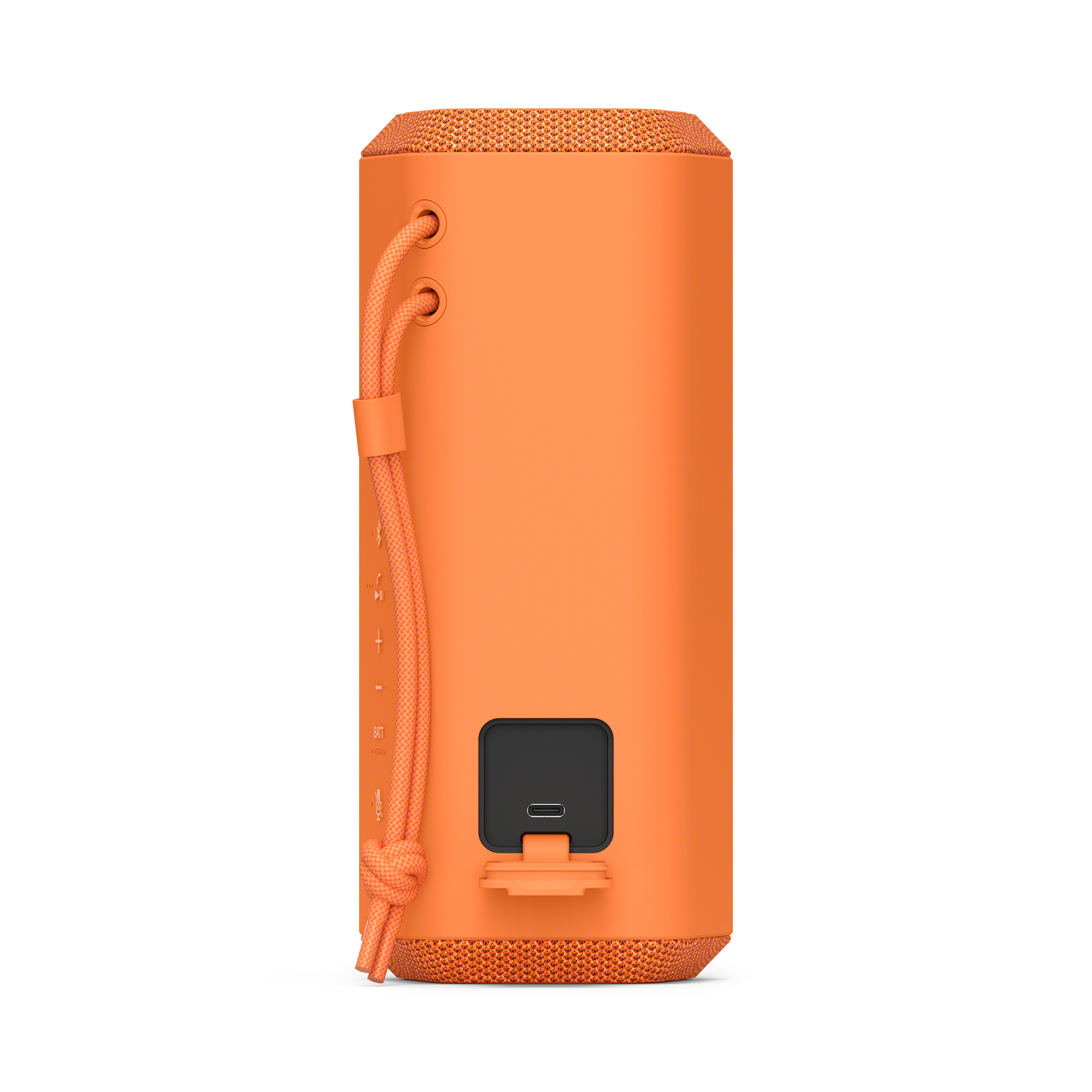 Un altoparlante cilindrico arancione con una cinghia e pulsanti su un lato. Una porta USB è visibile.