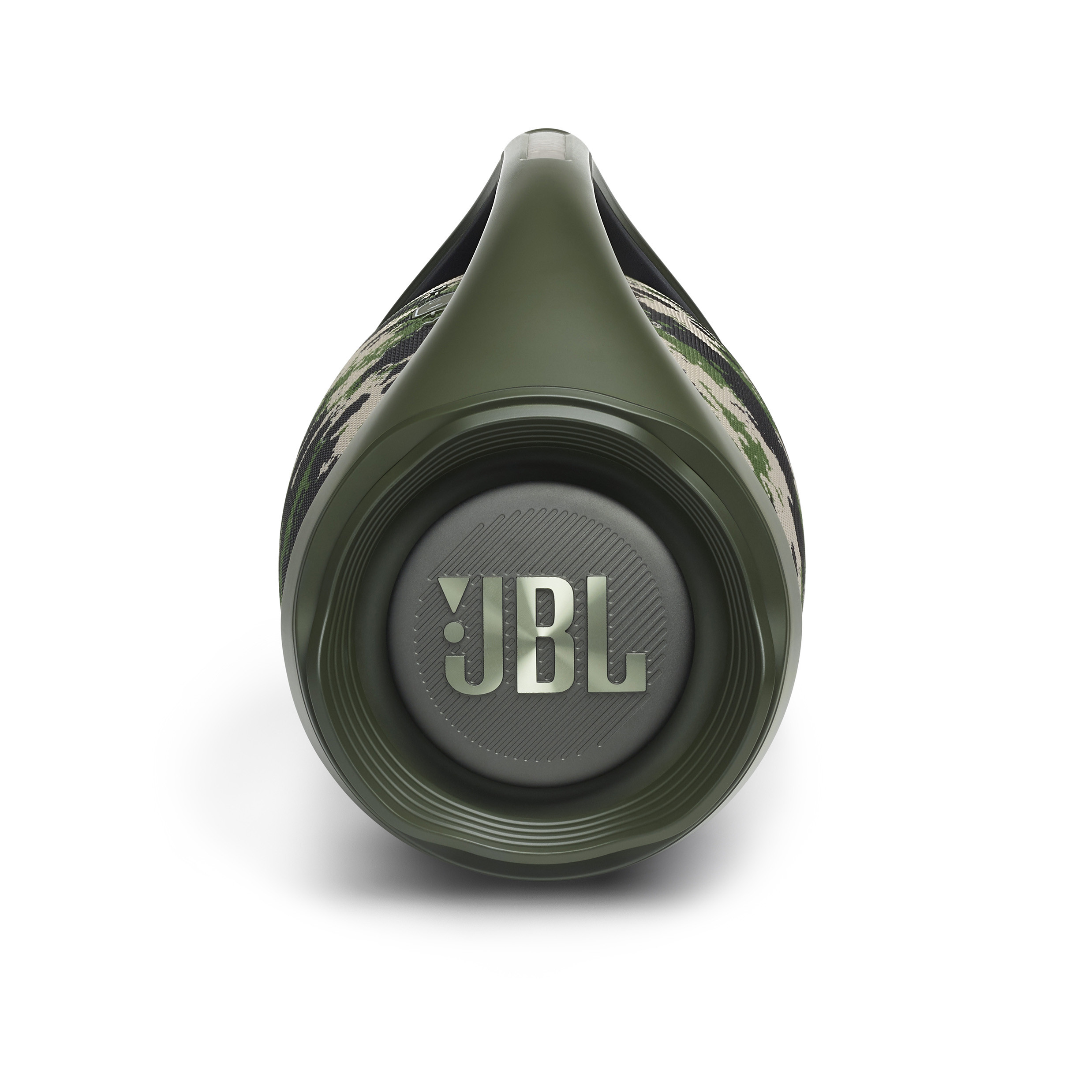 Ein grüner JBL-Lautsprecher mit Tarnmuster. Er hat einen Griff und das JBL-Logo in der Mitte.