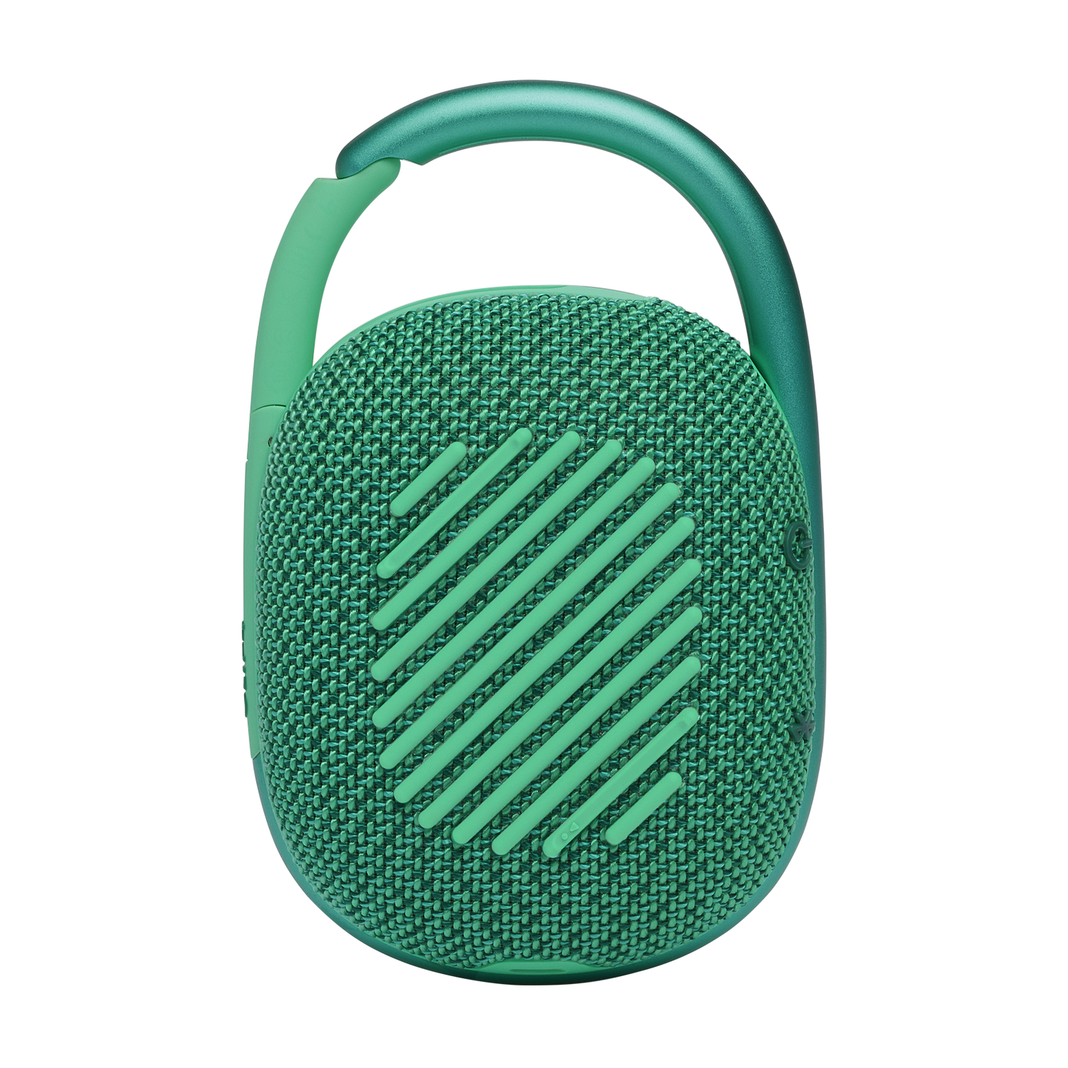 Un haut-parleur JBL Clip vert avec un crochet vert, sur un fond noir.