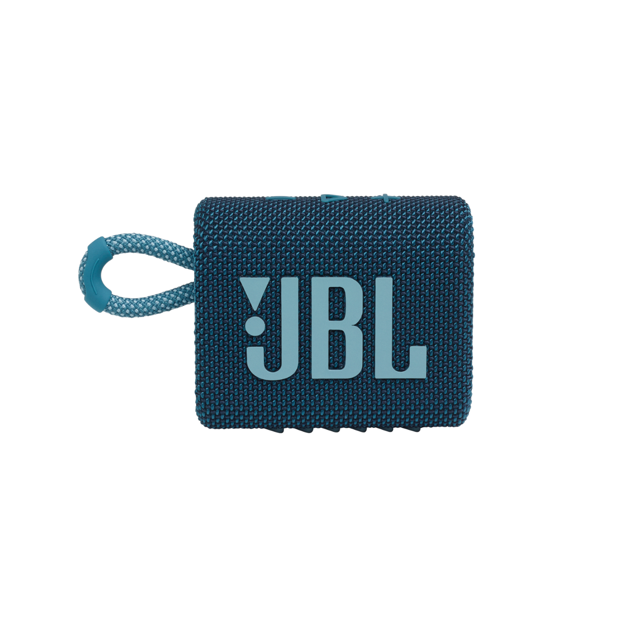 Niebieski głośnik JBL Clip 4 z niebieską pętlą na czarnym tle, widok z góry.