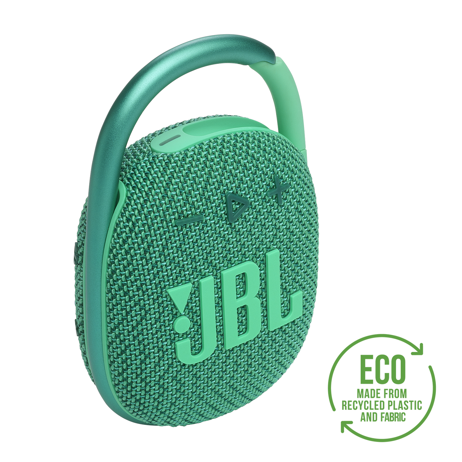 Un haut-parleur JBL vert avec une poignée, des boutons et le texte 'JBL' sur le devant. Label écologique.