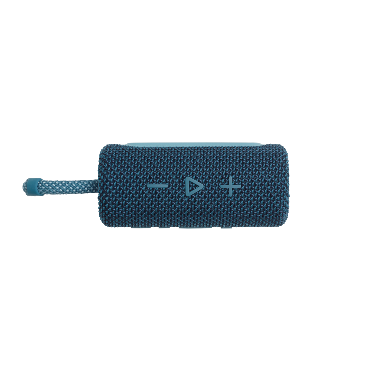 Niebieski, prostokątny głośnik z przyciskami sterowania. Pętla z tkaniny po lewej stronie. Czarne tło.