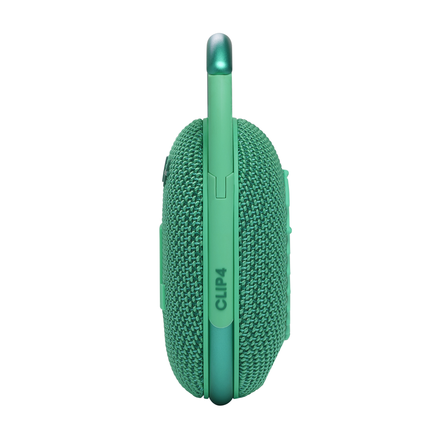 Haut-parleur portable vert, vue latérale. Texte 'CLIP4' visible.
